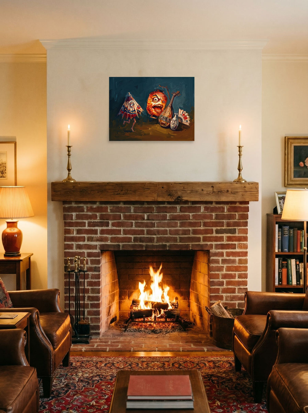 24x18 inch unframed paper print of 'Night of the Tsukumogami', styled on a mantel above a fireplace.