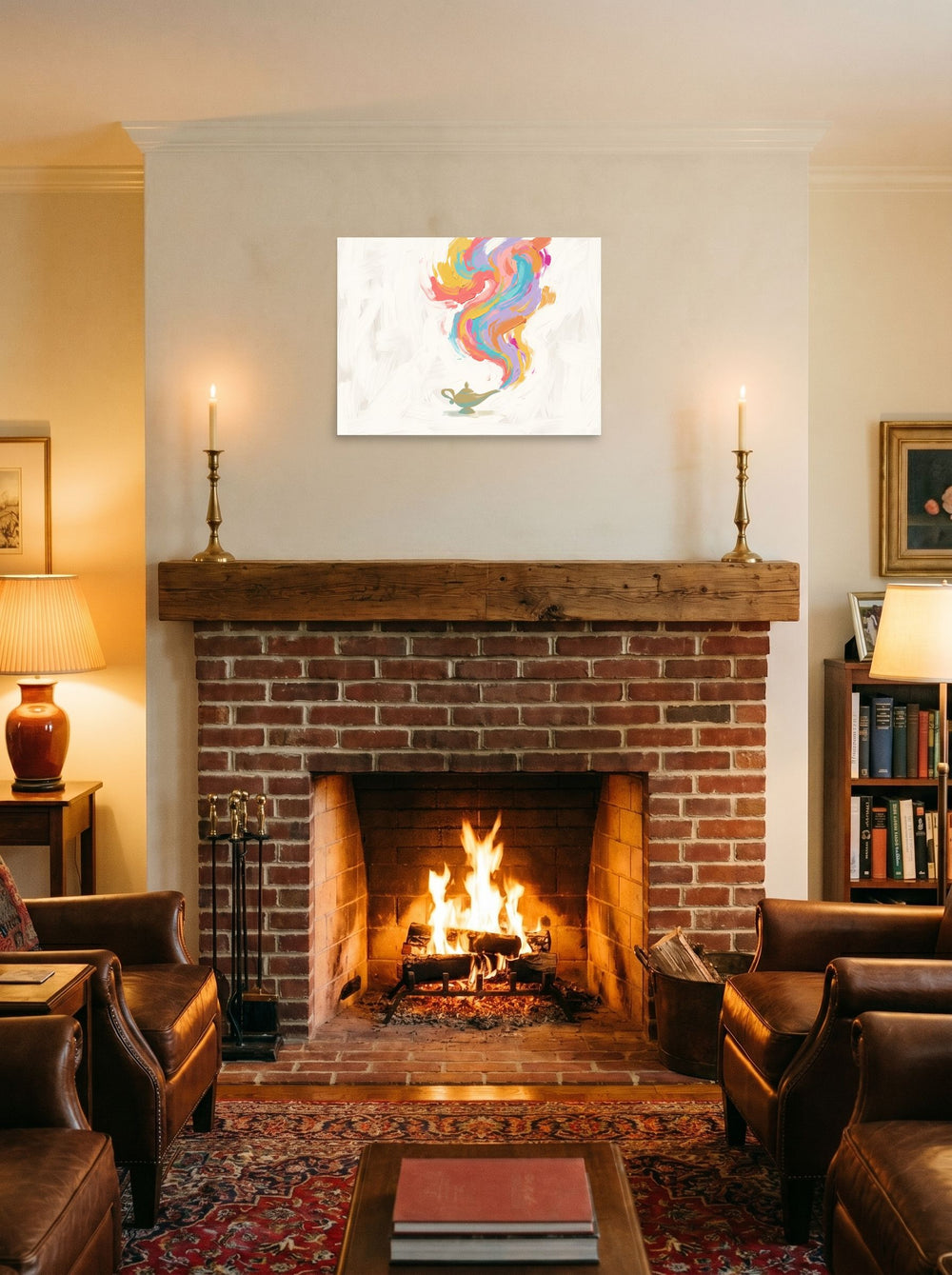 Abstract art wall art 'Genie's Release', unframed paper at 24x18 inch, displayed above a fireplace.