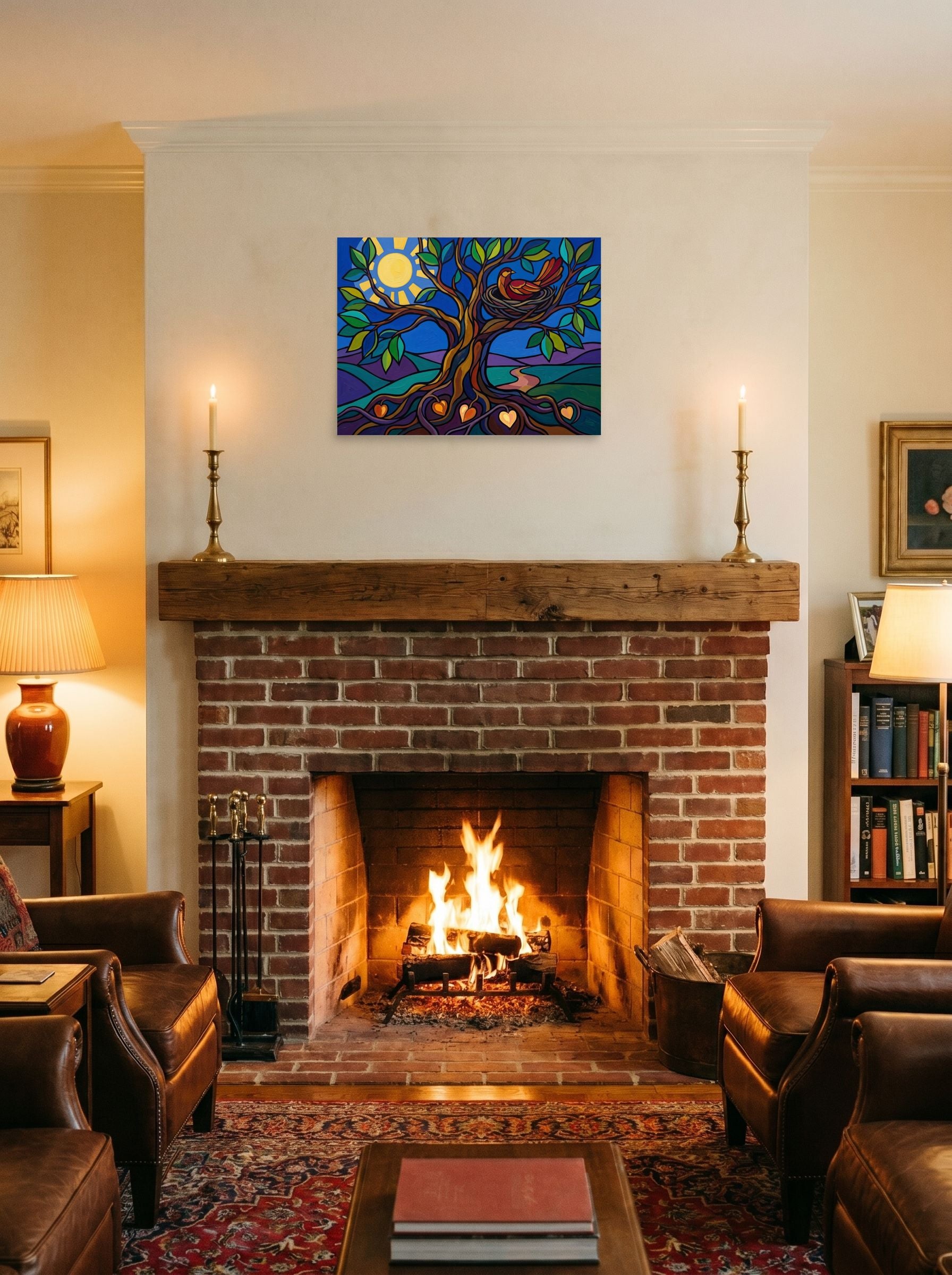 A 24x18 inch unframed paper Cloisonnism print of 'The Tree of Nurture' displayed above a fireplace.