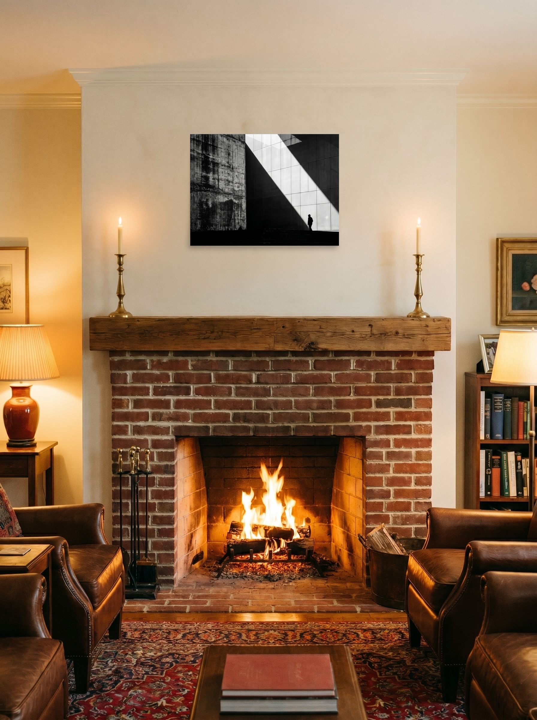 A 24x18 inch unframed paper Modernism print of 'Urban Geometry' displayed above a fireplace.