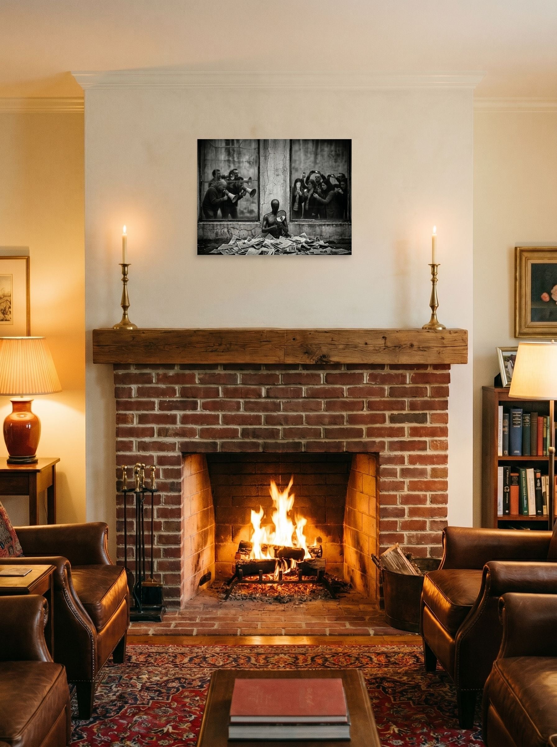 A 24x18 inch unframed paper Surrealism print of 'The Spectacle' displayed above a fireplace.