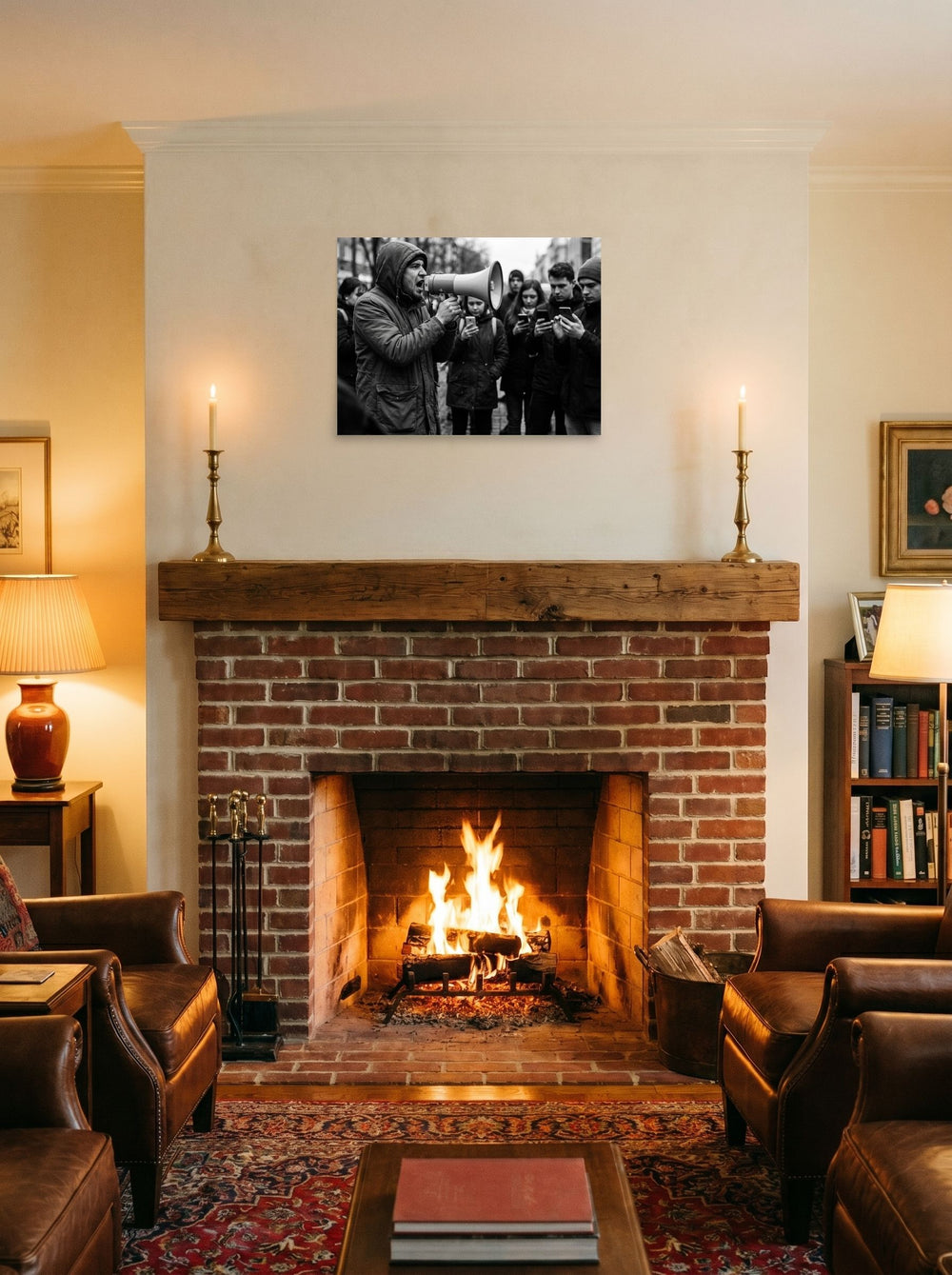 A 24x18 inch unframed paper Art photography print of 'Deafening Silence' displayed above a fireplace.