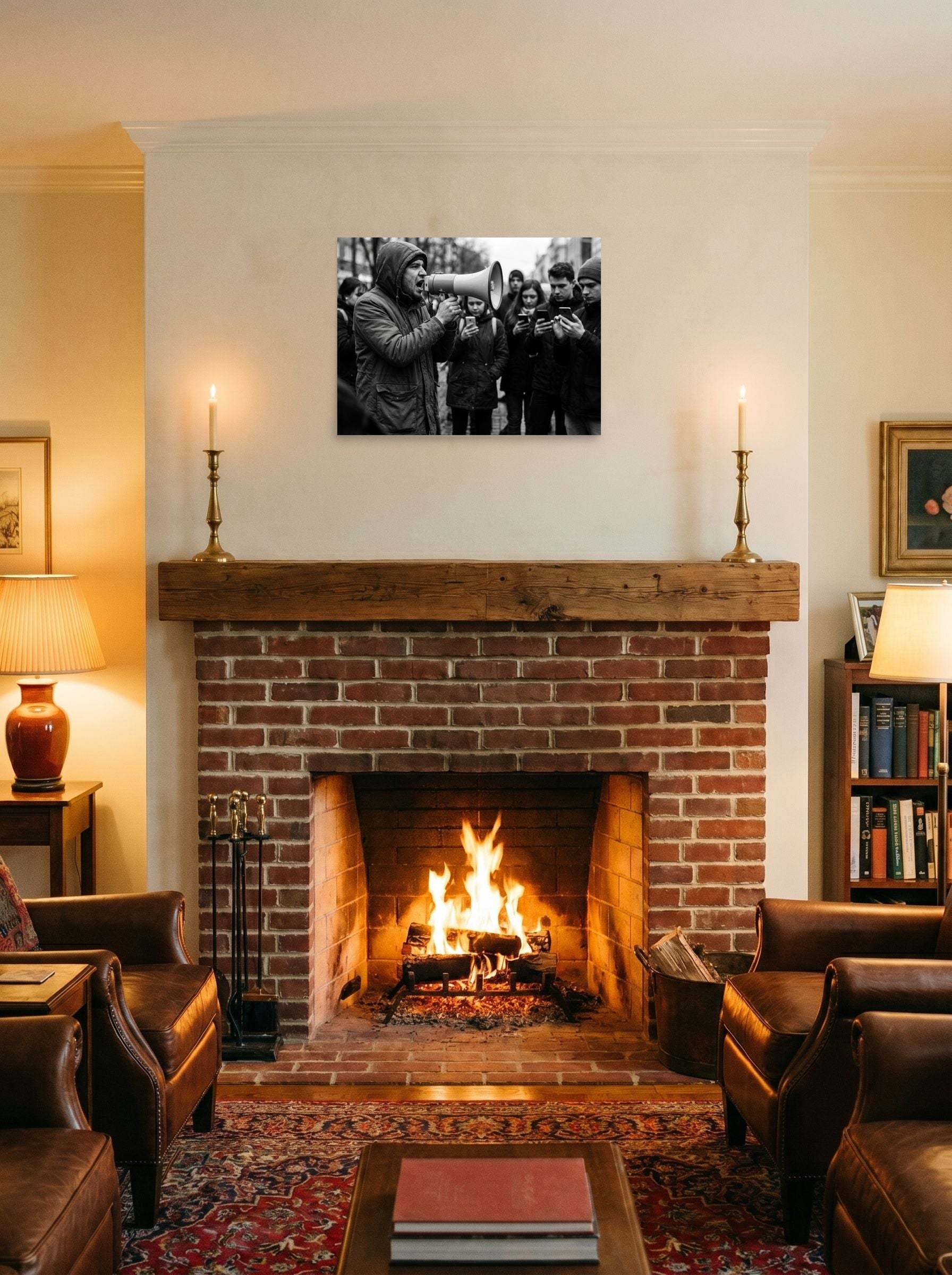 A 24x18 inch unframed paper Art photography print of 'Deafening Silence' displayed above a fireplace.