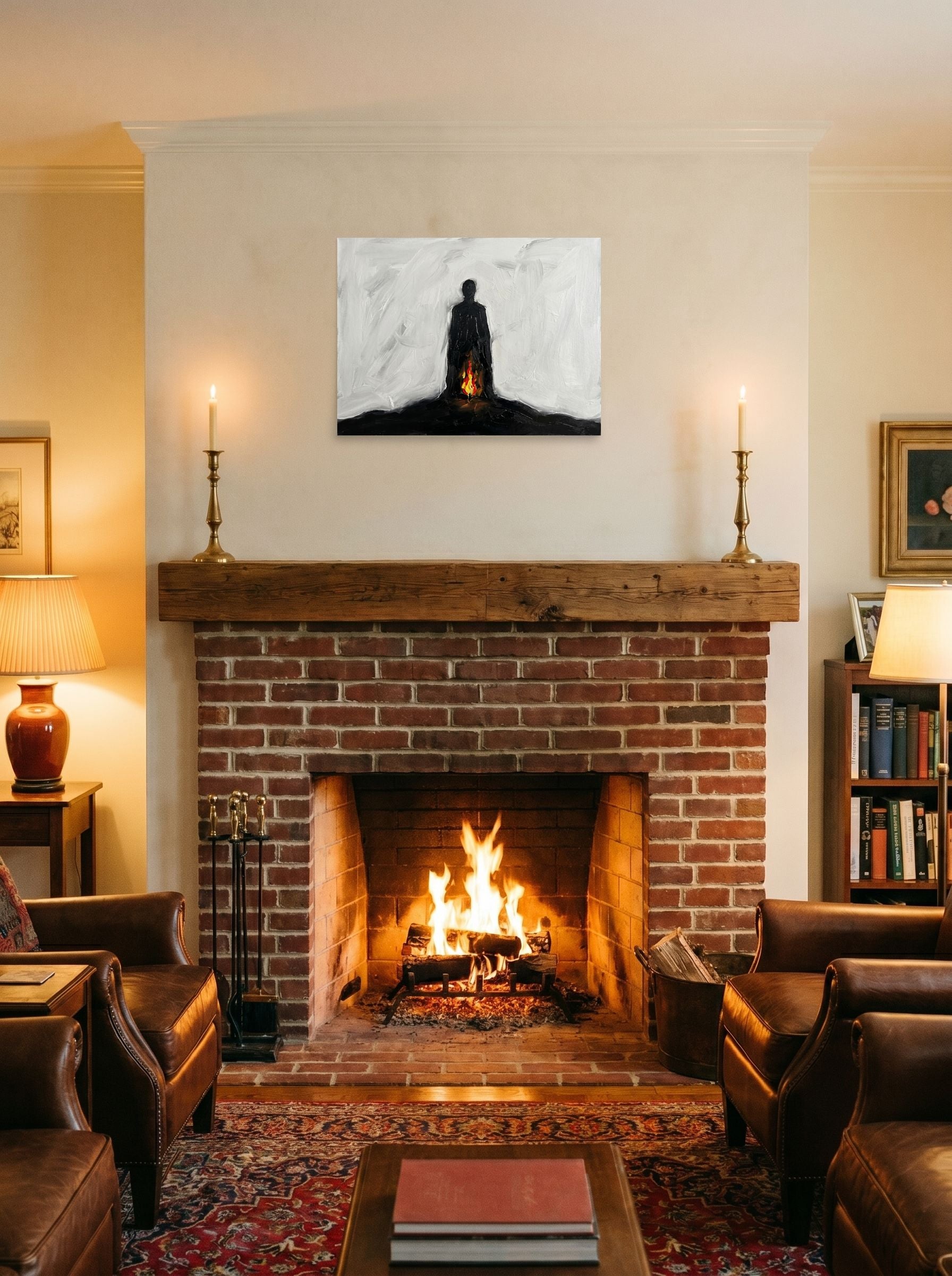 A 24x18 inch unframed paper Minimalism,Expressionism print of 'Inner Flame' displayed above a fireplace.