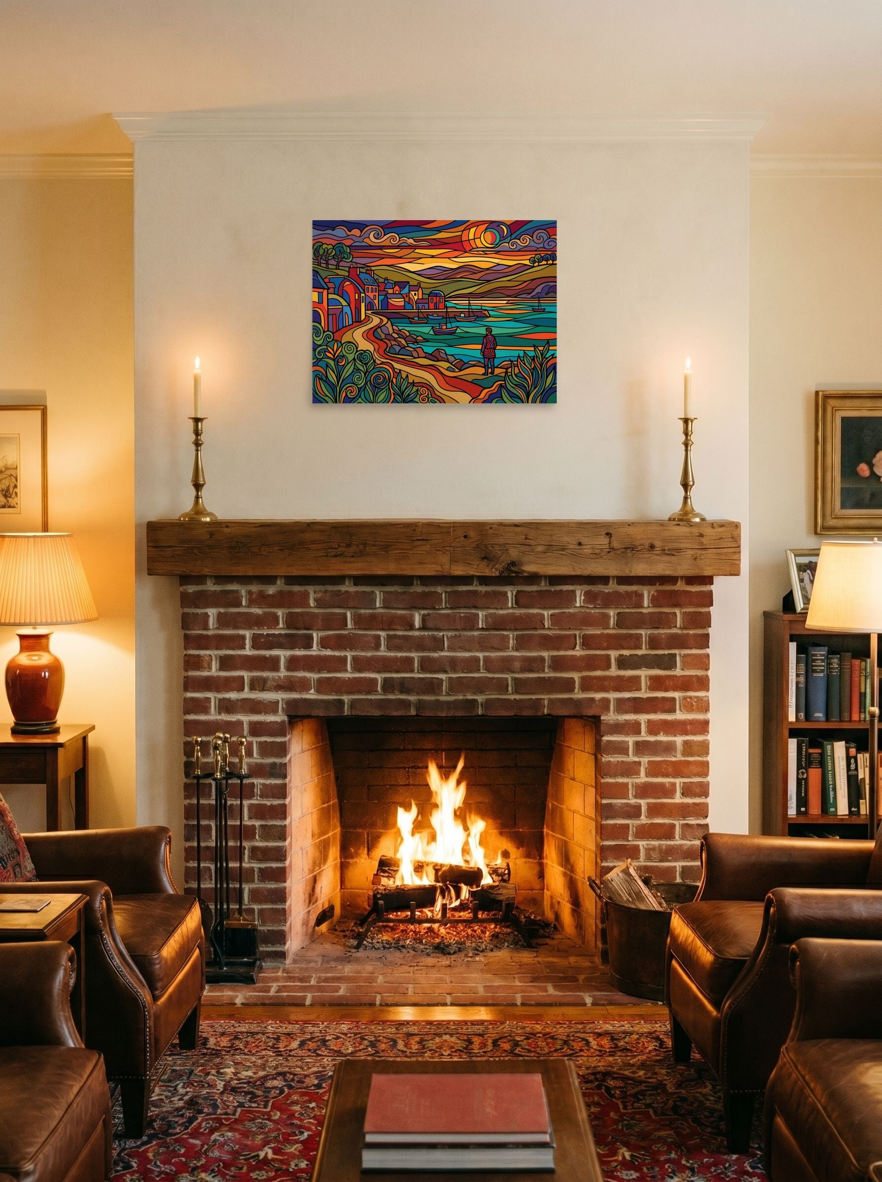 A 24x18 inch unframed paper Cloisonnism print of 'Harbor at Dusk in Stained Glass' displayed above a fireplace.