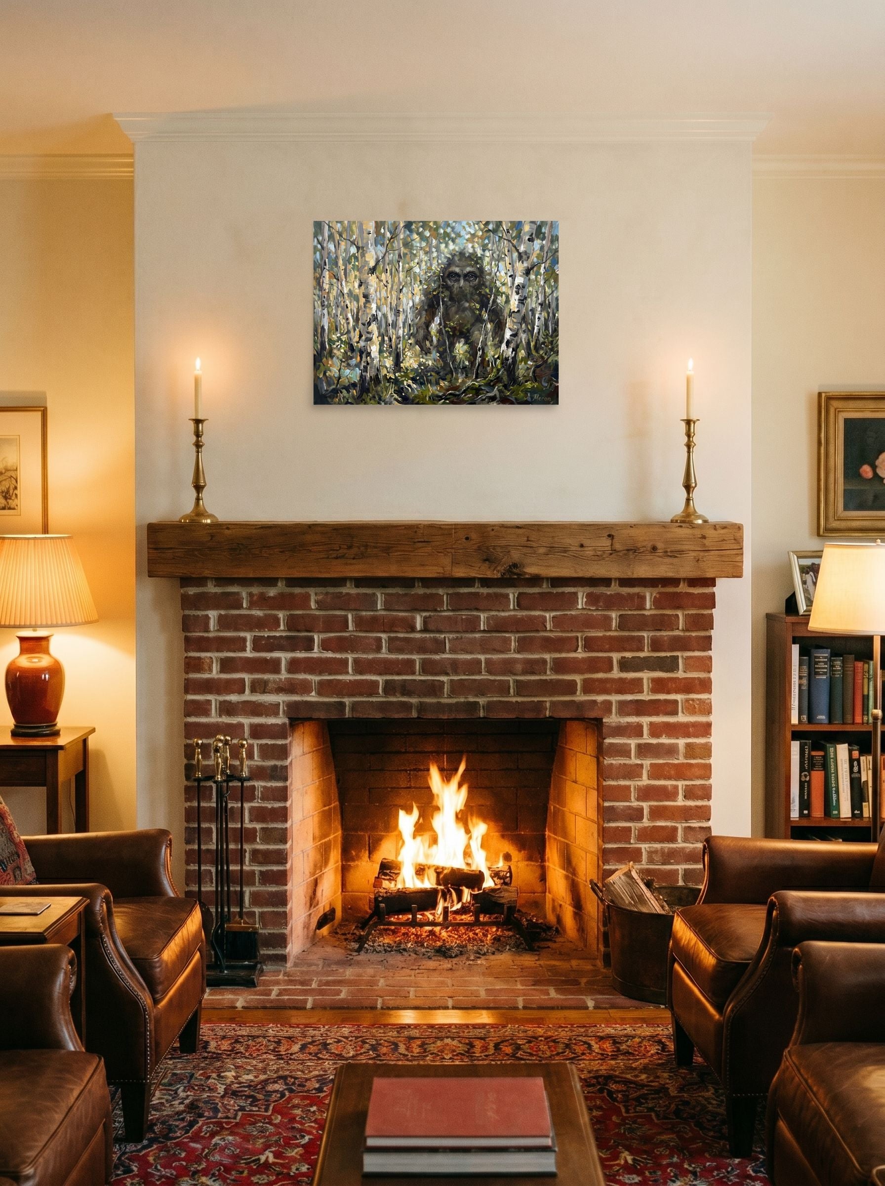 A 24x18 inch unframed paper Expressionism print of 'Forest Watcher' displayed above a fireplace.