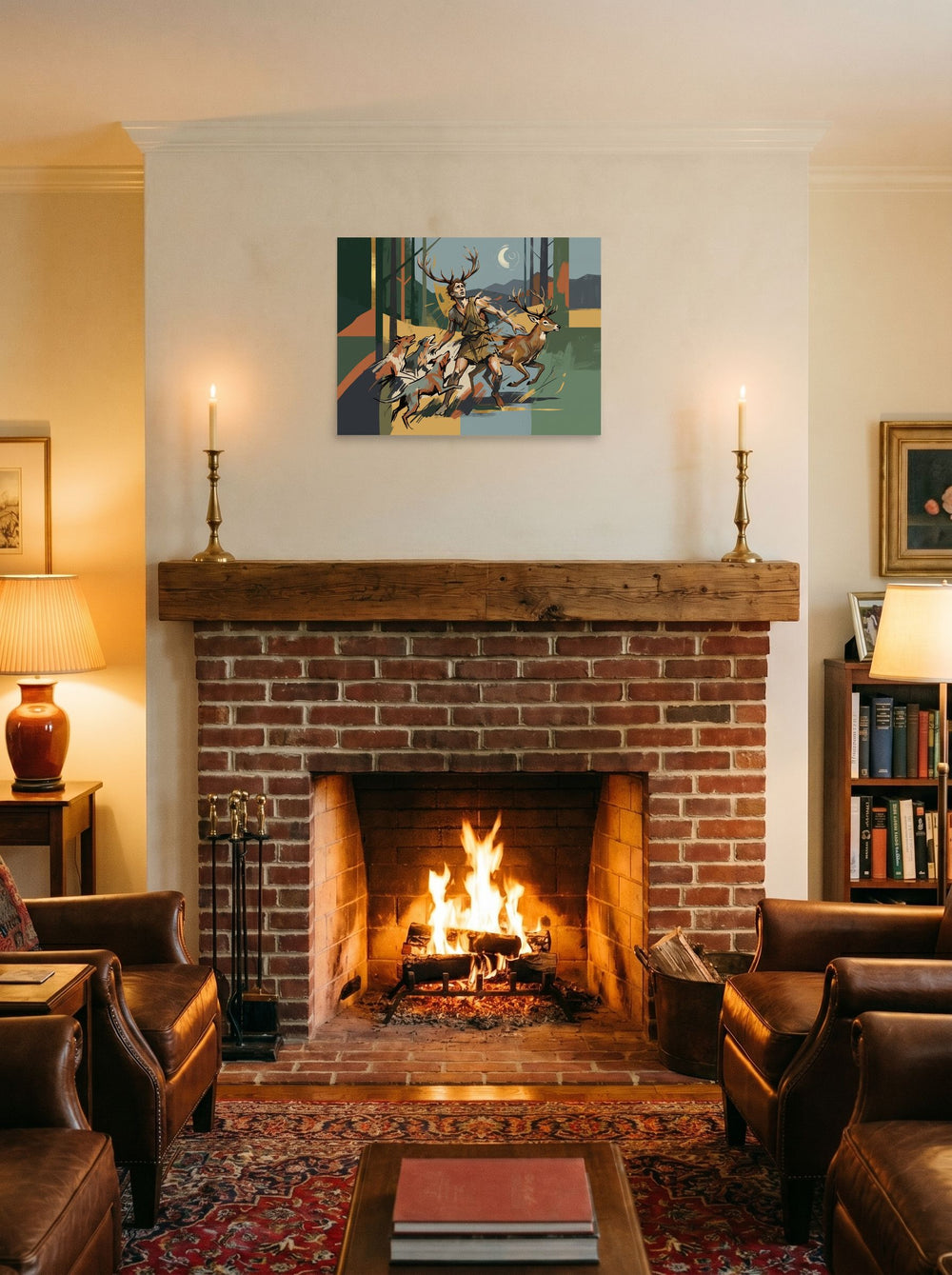24x18 inch unframed paper print of 'Actaeon's Fate', styled on a mantel above a fireplace.