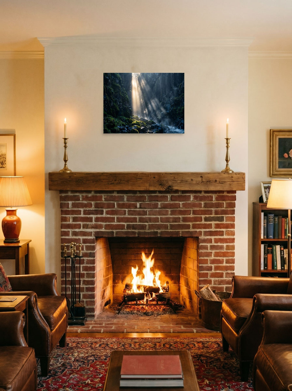 A 24x18 inch unframed paper Art photography print of 'Sunbeams in the Gorge' displayed above a fireplace.