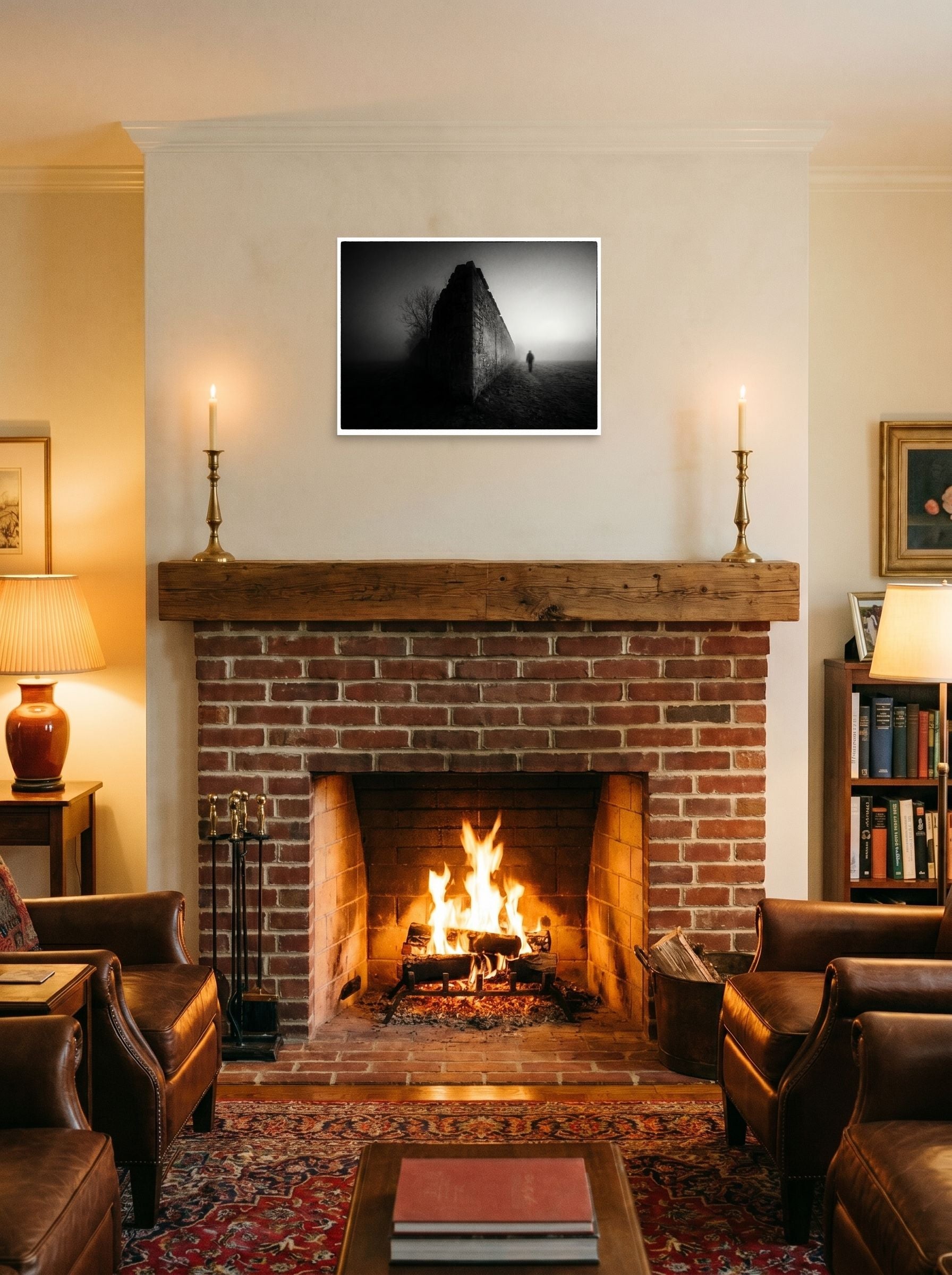 A 24x18 inch unframed paper Art photography print of 'Echoes in the Mist' displayed above a fireplace.