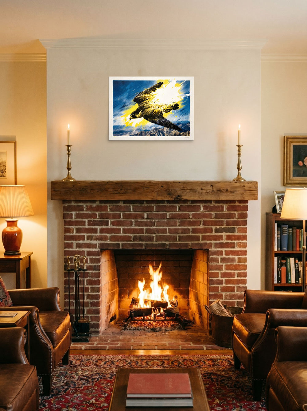 A 24x18 inch unframed paper Pop art print of 'Velocity', displayed above a fireplace.