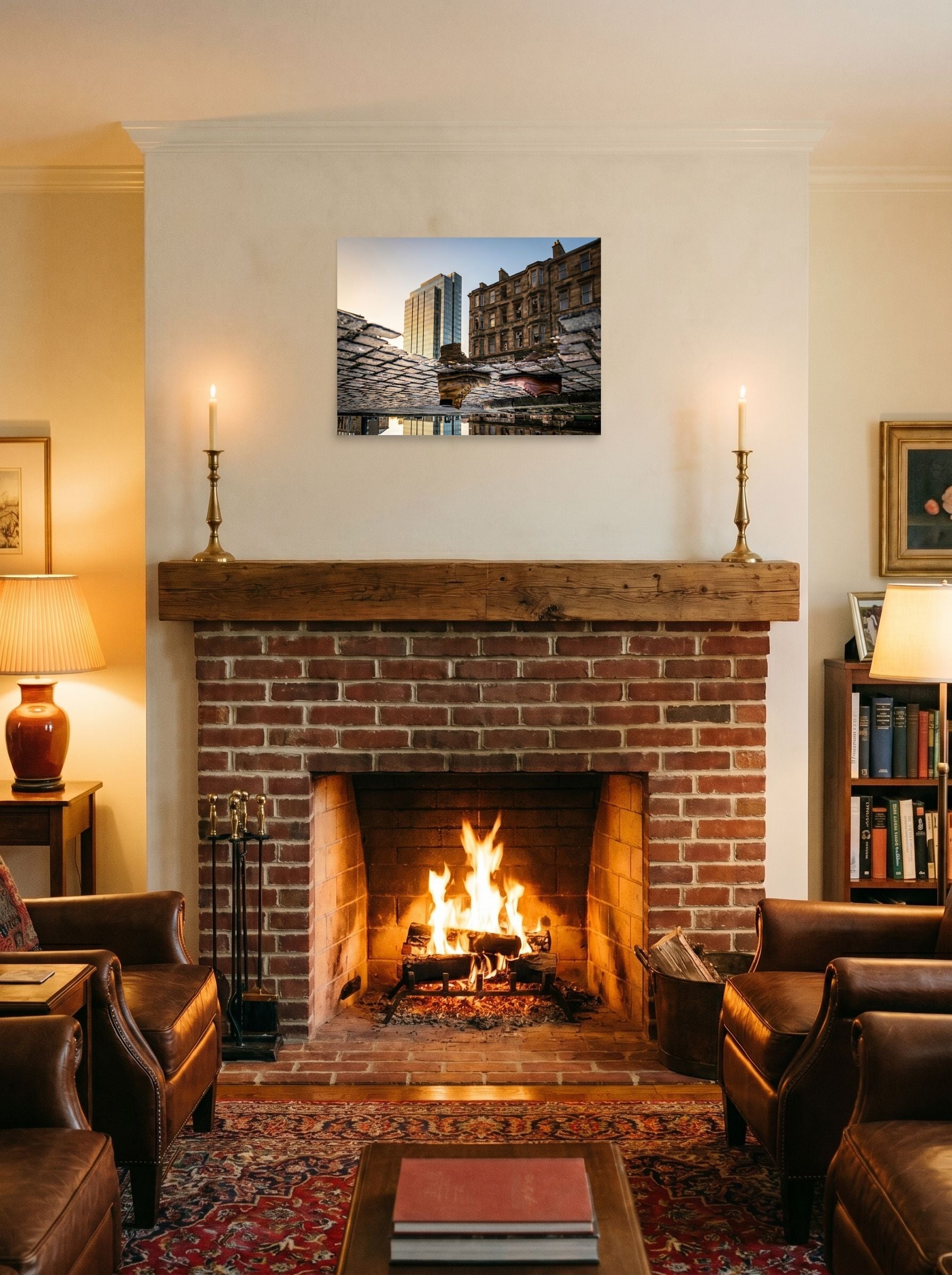 A 24x18 inch unframed paper Art photography print of 'Steps Through Time' displayed above a fireplace.