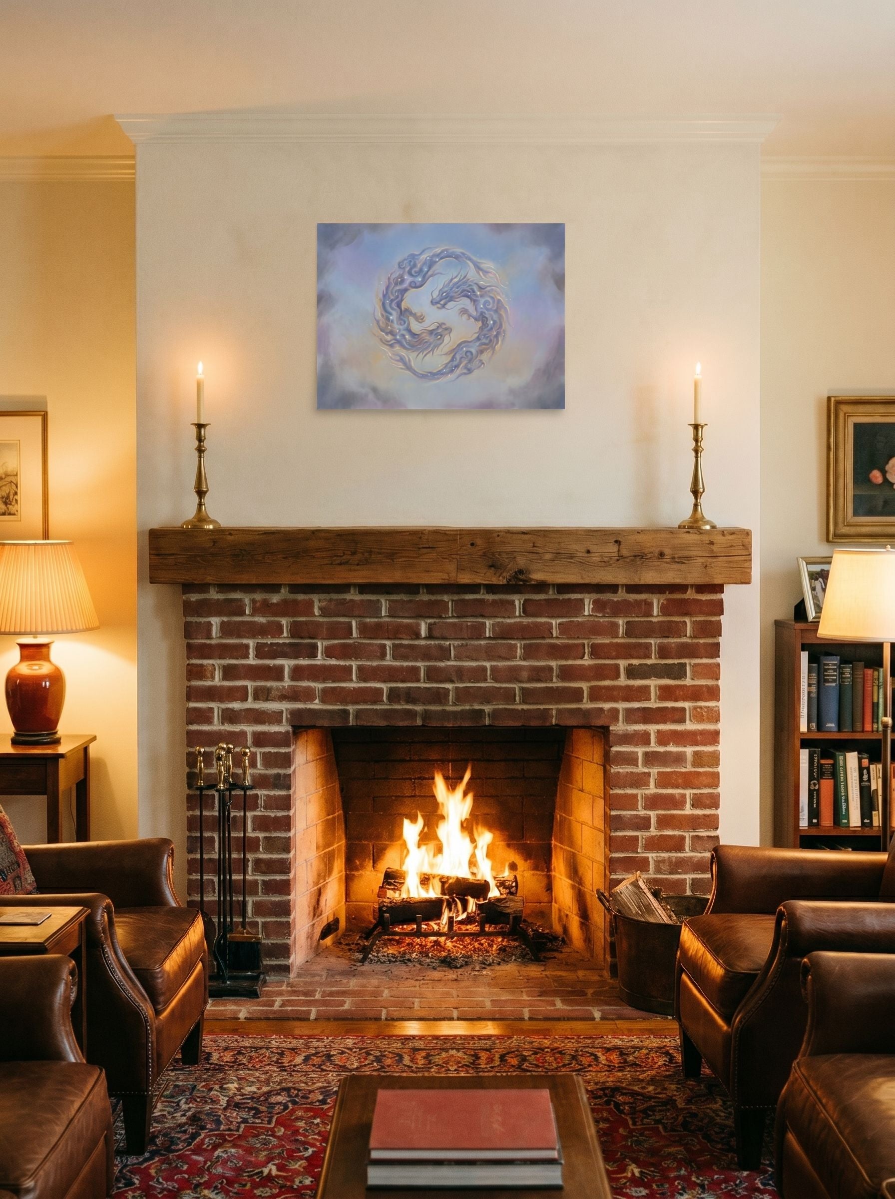 A 24x18 inch unframed paper Surrealism print of 'Celestial Dragons' displayed above a fireplace.