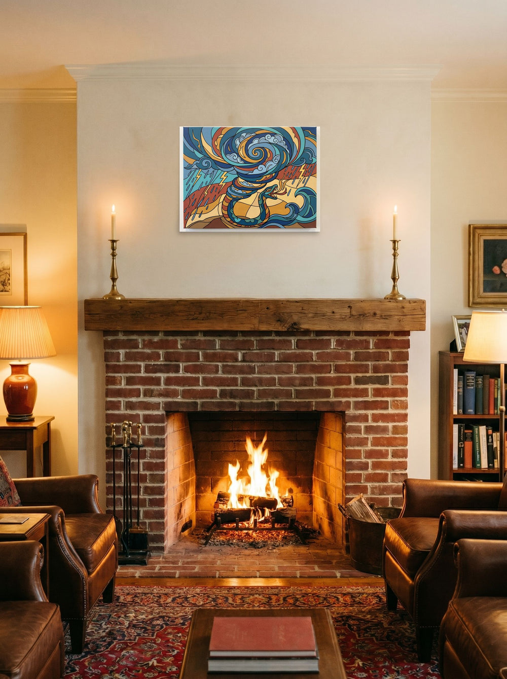 The Art Nouveau print 'Quetzalcoatl's Tempest', 24x18 inch unframed paper, displayed above a fireplace.