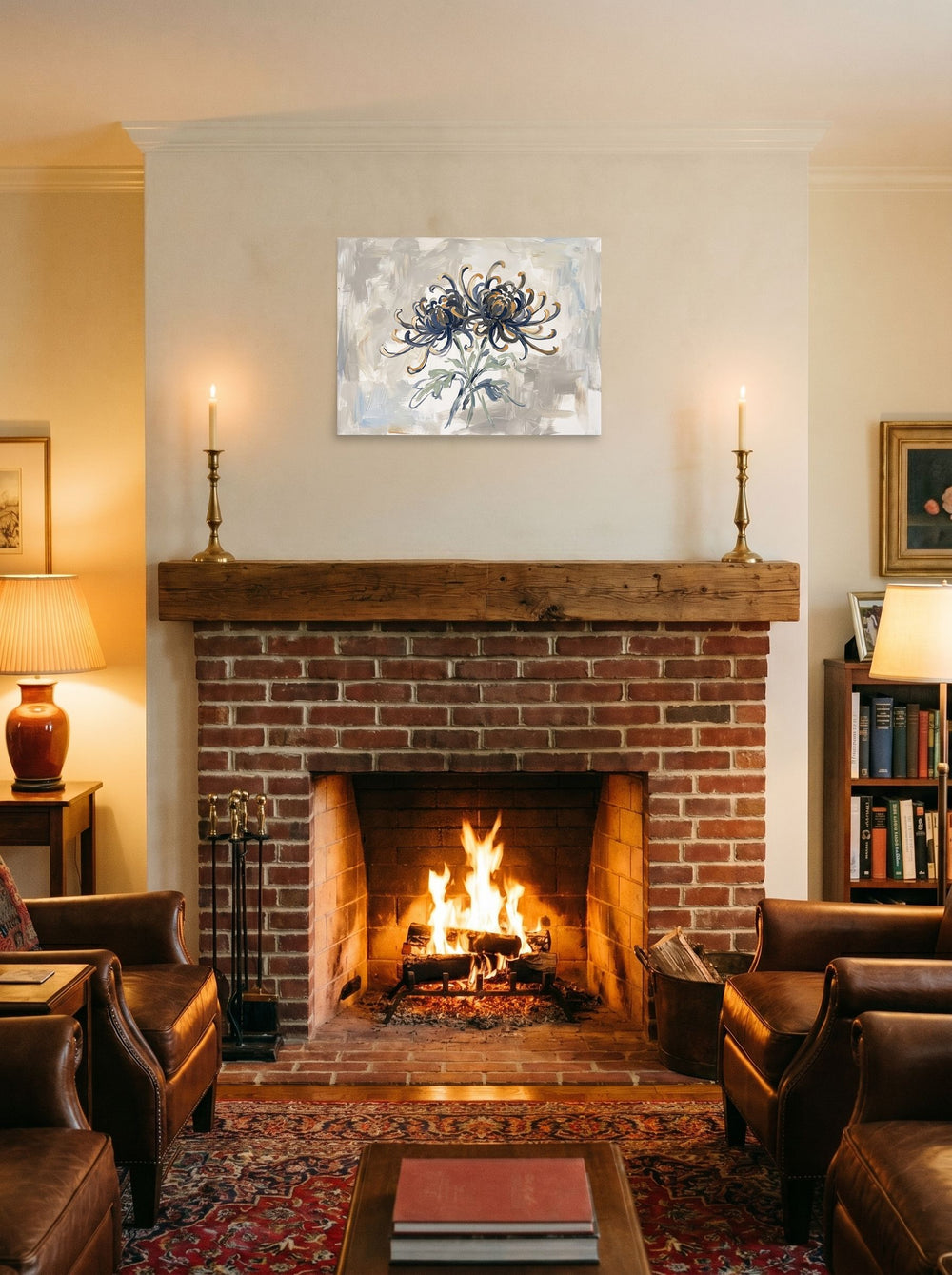 See 'Midnight Chrysanthemums' as a unframed paper print (24x18 inch), hung over a fireplace as a focal point.