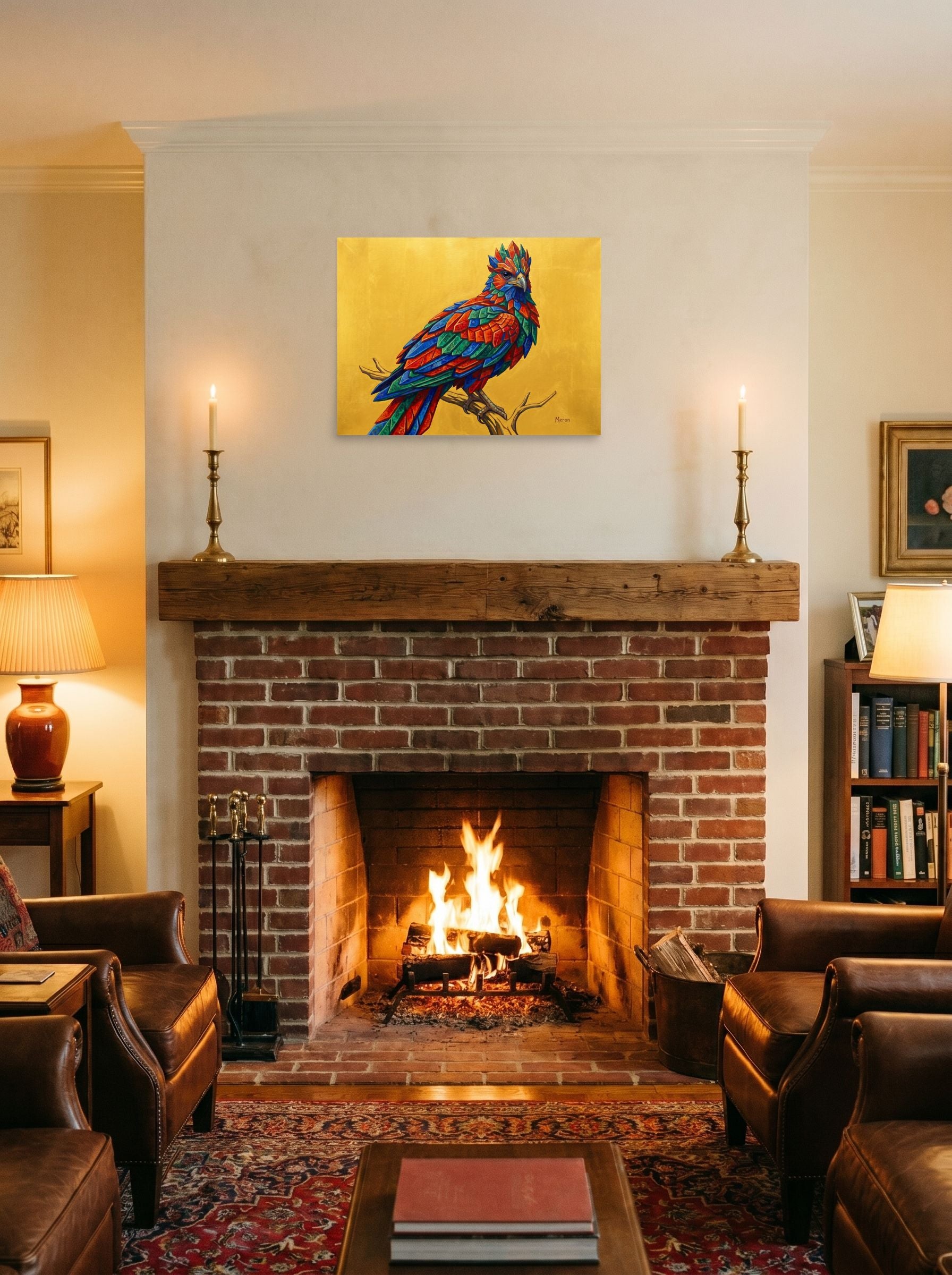 A 24x18 inch unframed paper Geometric abstract art,Surrealism print of 'The Gemstone Falcon' displayed above a fireplace.