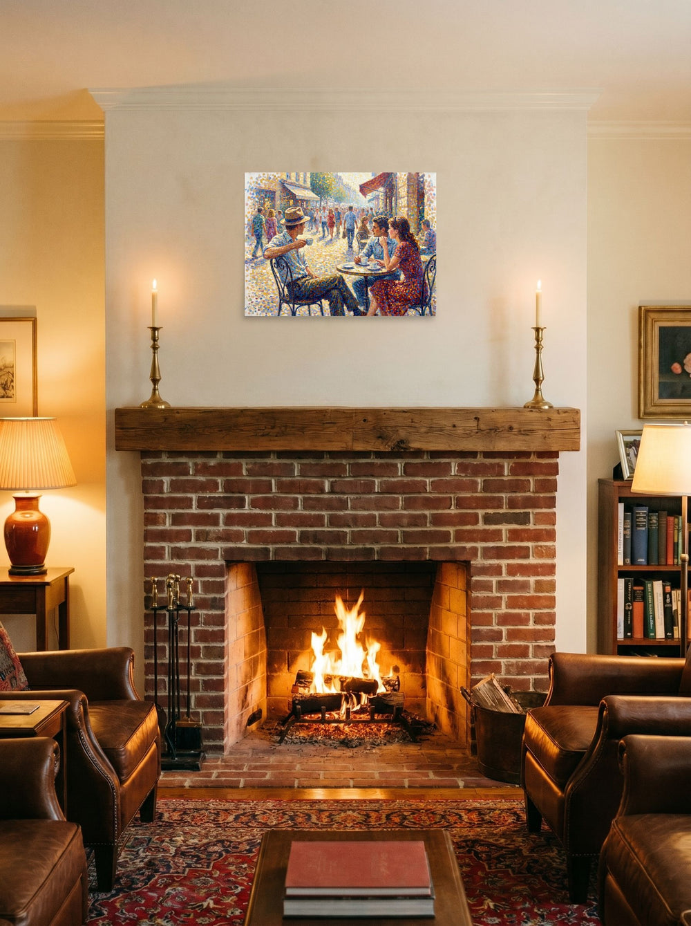 Mockup of 'Midday at the Bistro' as a 24x18 inch unframed paper print, styled on a mantel above a fireplace.