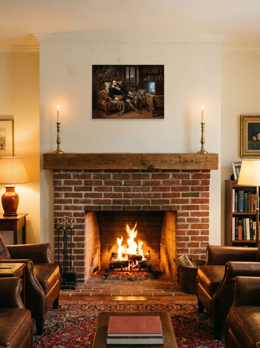 A 24x18 inch unframed paper Renaissance print of 'The Renaissance Couch Potato', hung over a fireplace as a focal point.