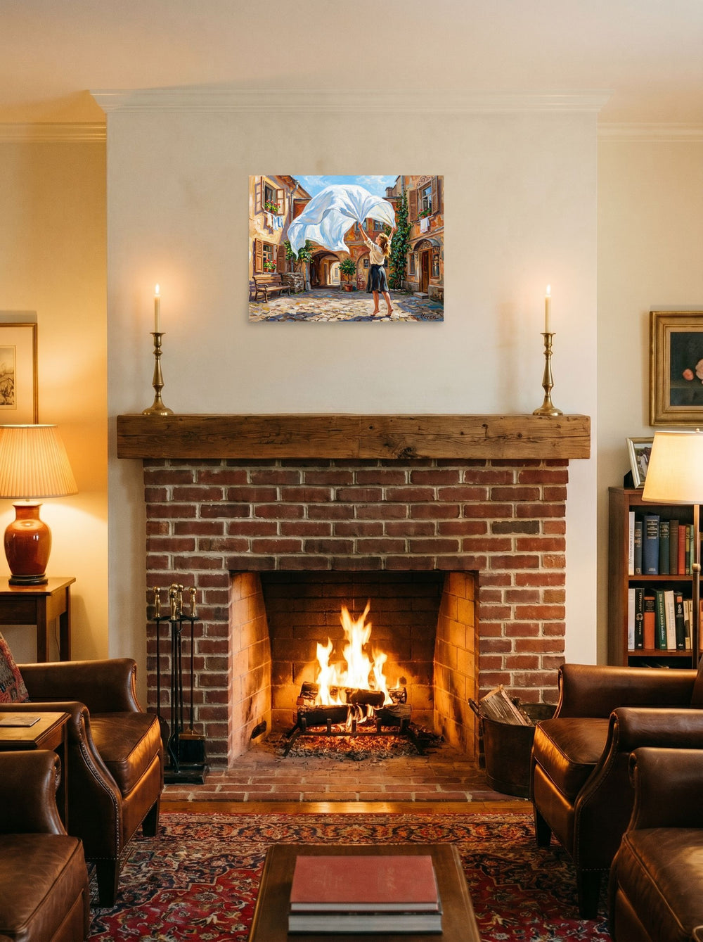 A 24x18 inch unframed paper Impressionism print of 'The White Sheet' displayed above a fireplace.