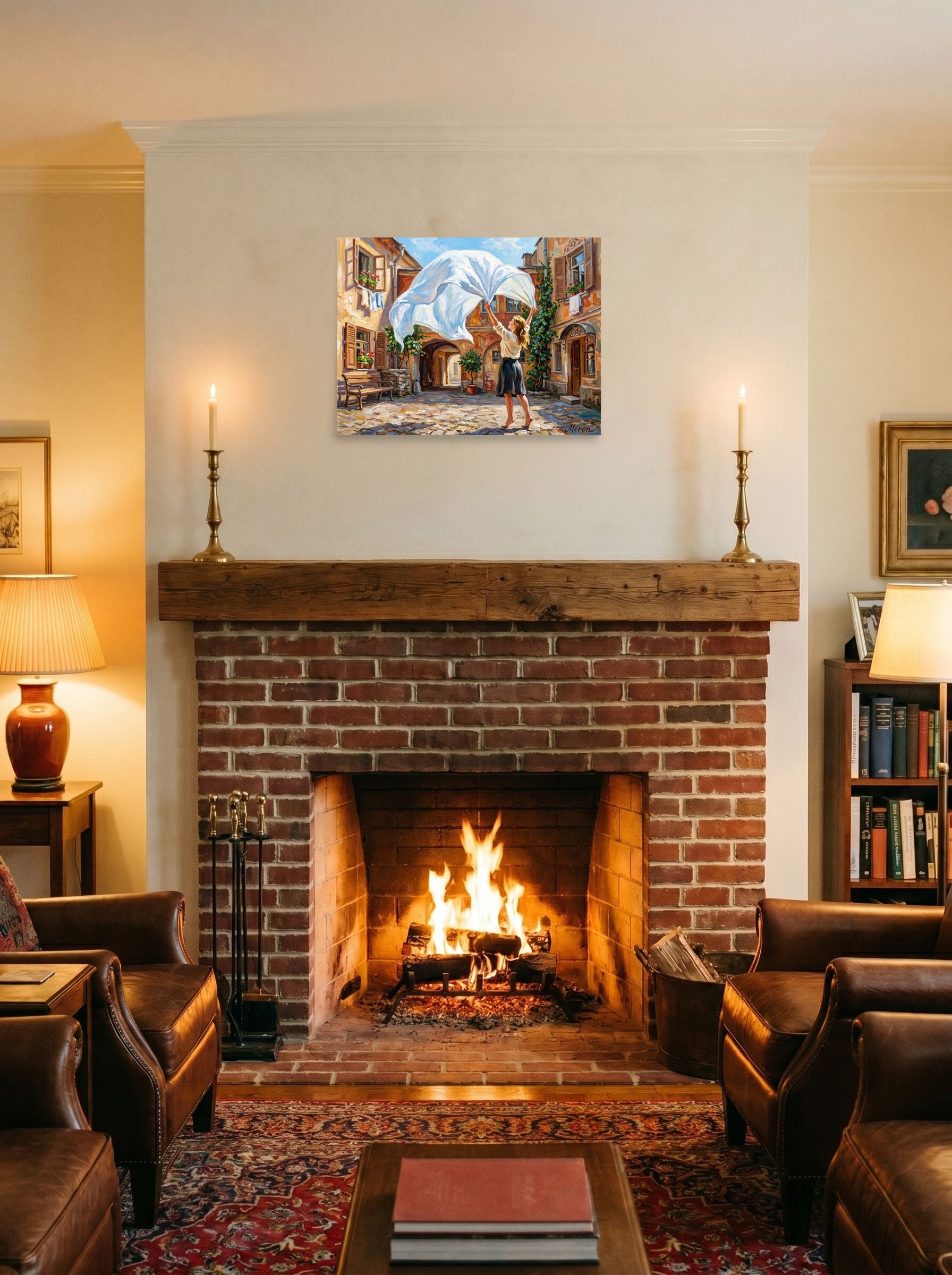 A 24x18 inch unframed paper Impressionism print of 'The White Sheet' displayed above a fireplace.