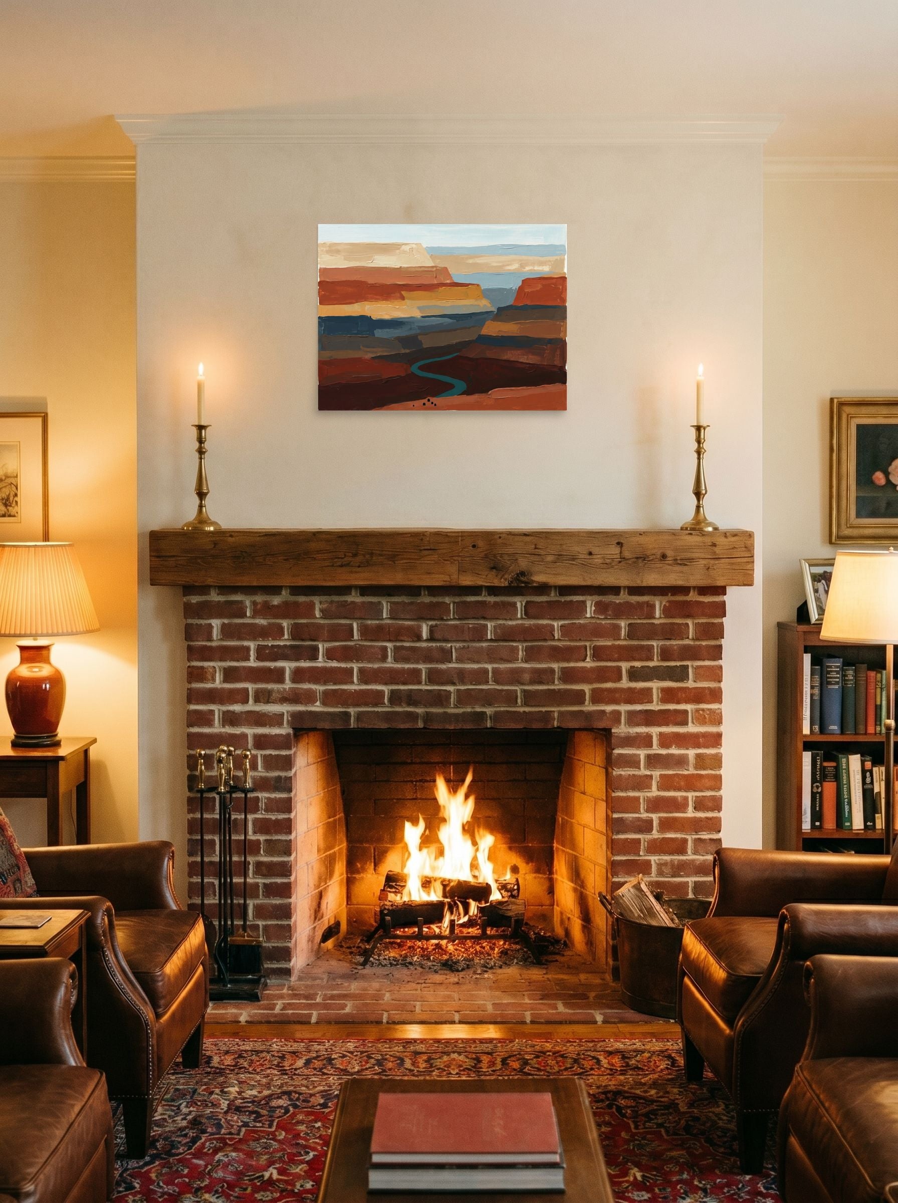 A 24x18 inch unframed paper Expressionism,Impressionism print of 'Deep Canyon River' displayed above a fireplace.