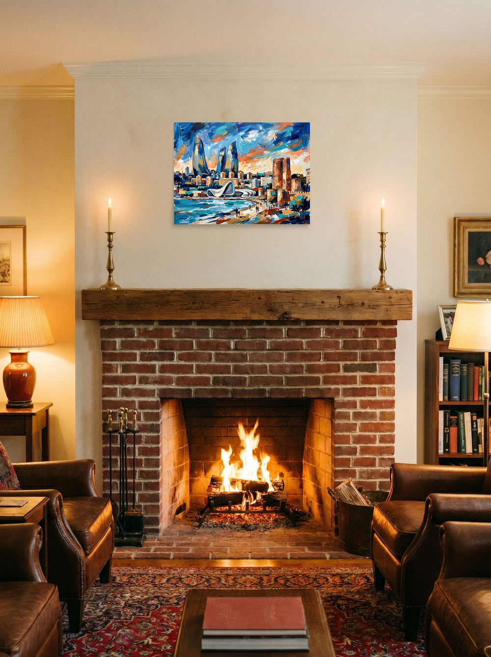 Mockup of 'City of Flames' as a 24x18 inch unframed paper print, hung over a fireplace as a focal point.