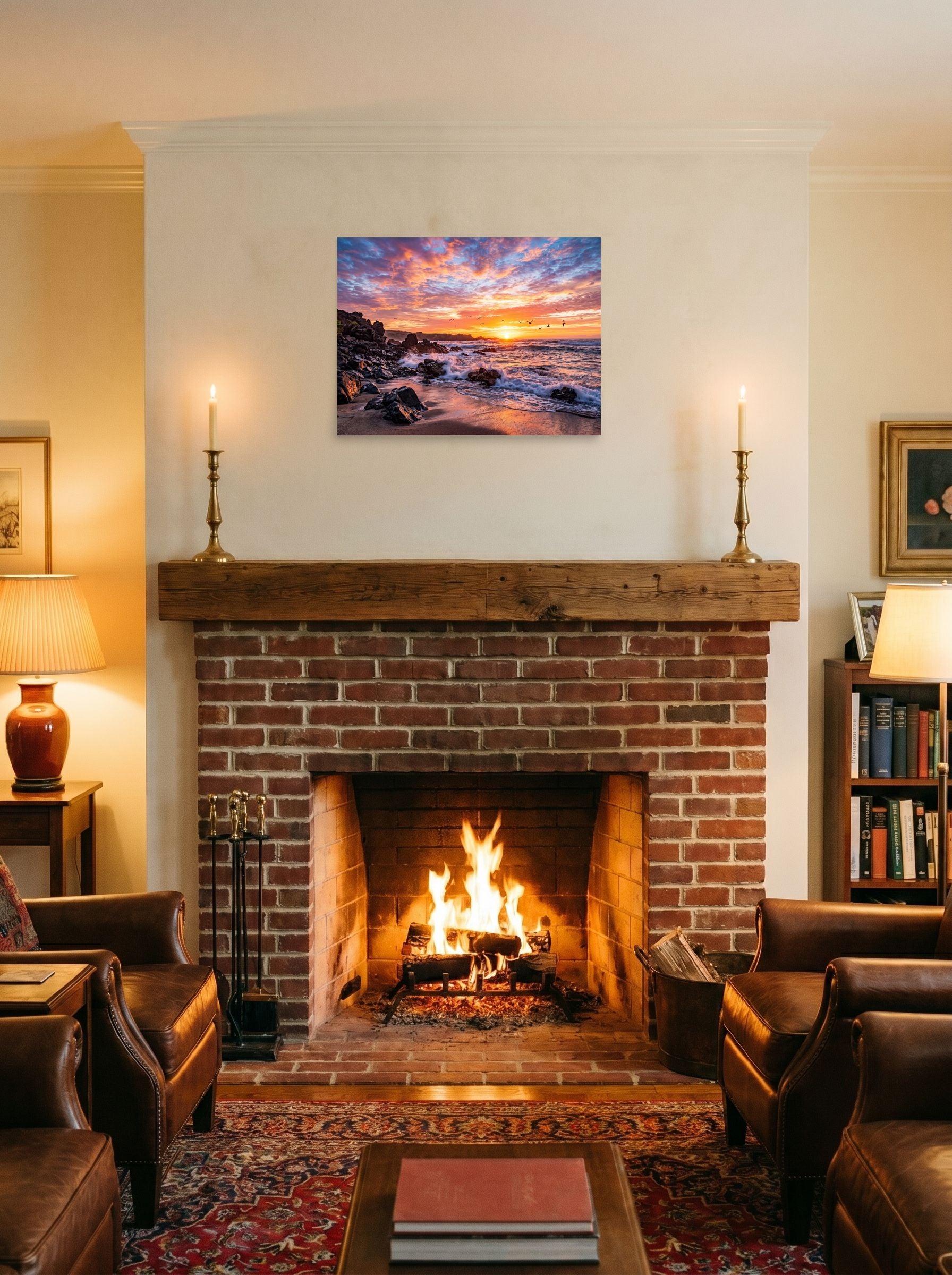 A 24x18 inch unframed paper Art photography print of 'Coastal Fire' displayed above a fireplace.