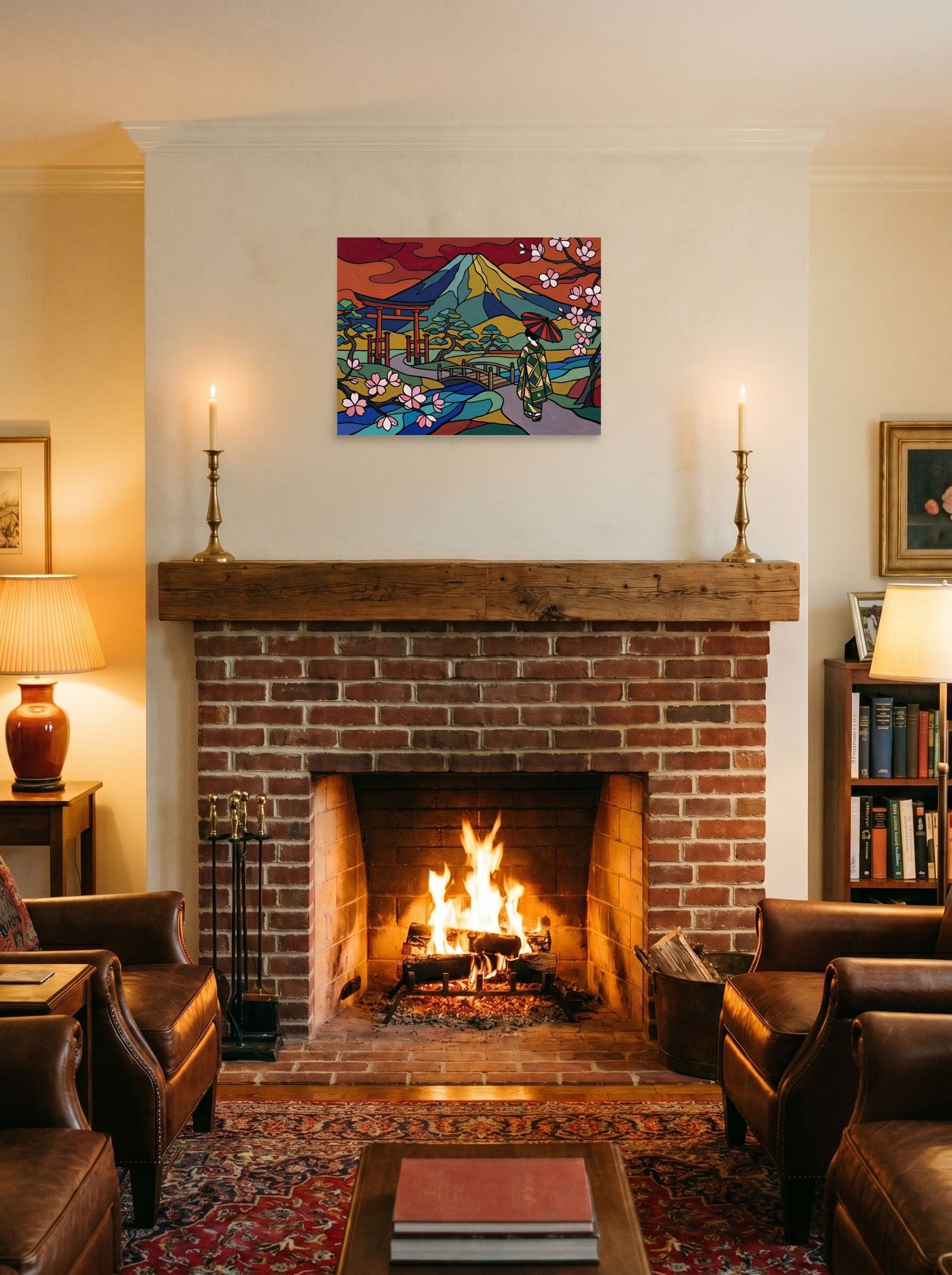 A 24x18 inch unframed paper Cloisonnism print of 'Spring at Mount Fuji' displayed above a fireplace.