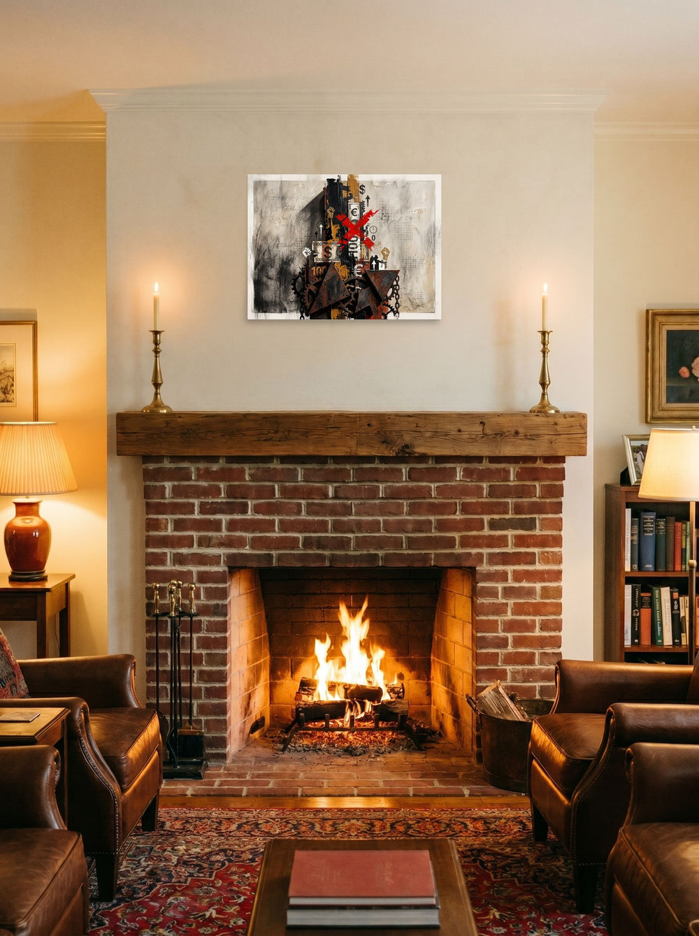 unframed paper wall art 'The Currency of Protest' styled on a mantel above a fireplace, at 24x18 inch.