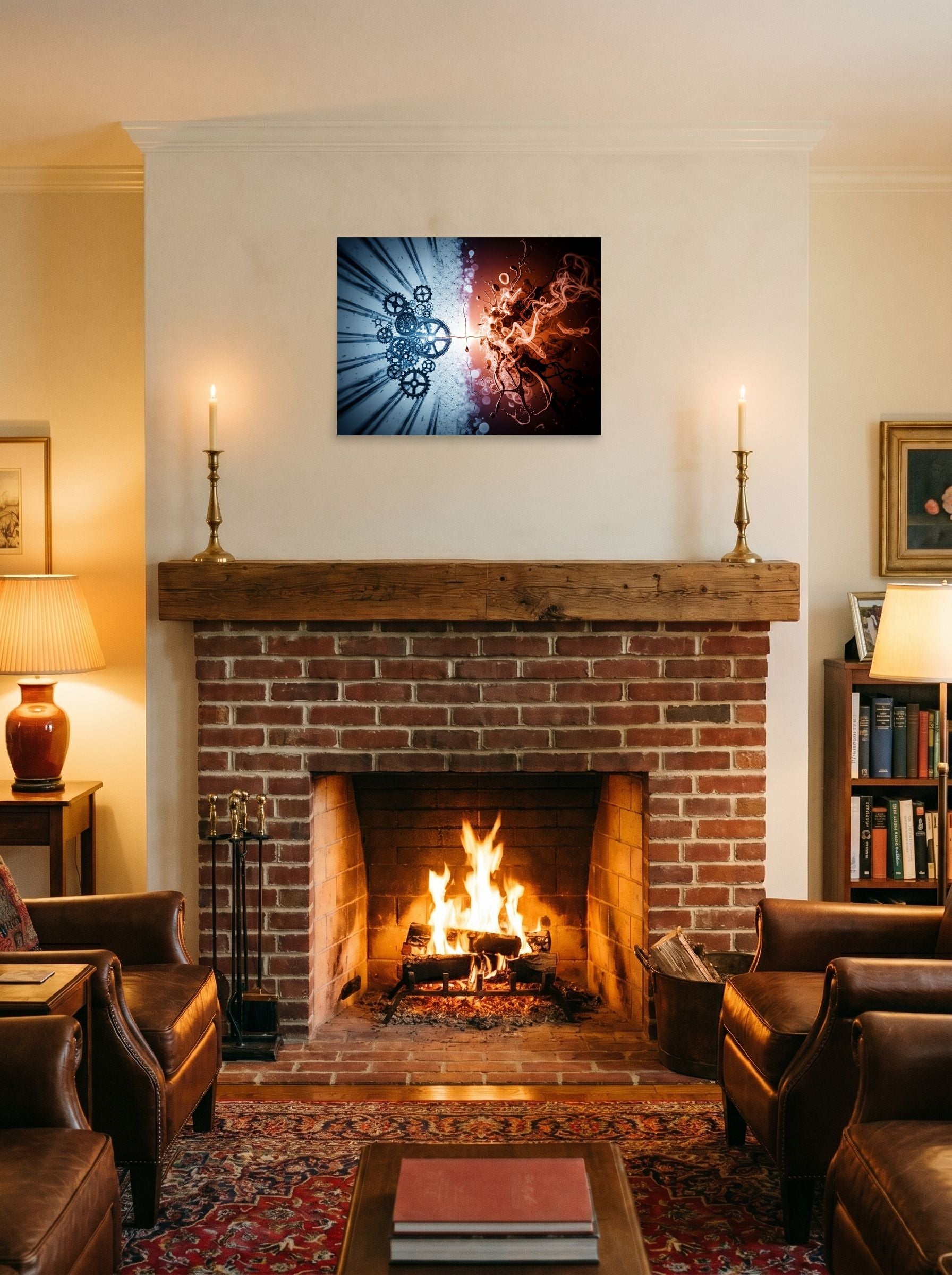 A 24x18 inch unframed paper Abstract art print of 'Mechanical Genesis' displayed above a fireplace.