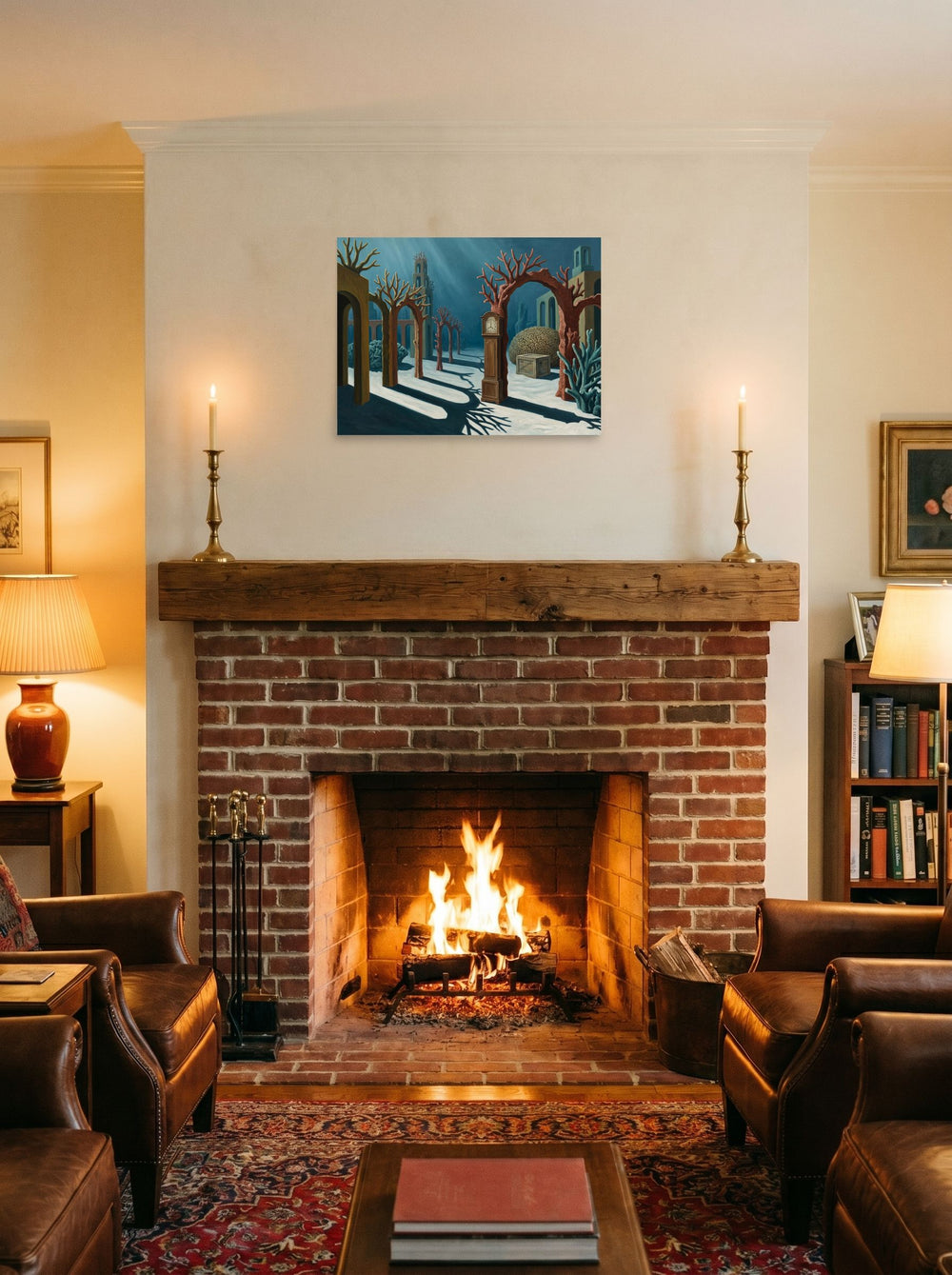 A 24x18 inch unframed paper Surrealism print of 'The Sunken Hours' displayed above a fireplace.