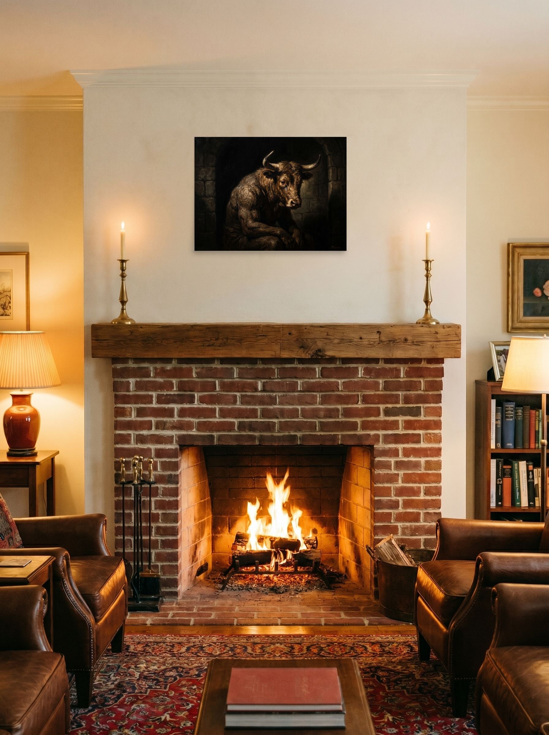 A 24x18 inch unframed paper Figurative art,Expressionism print of 'The Captive Beast' displayed above a fireplace.