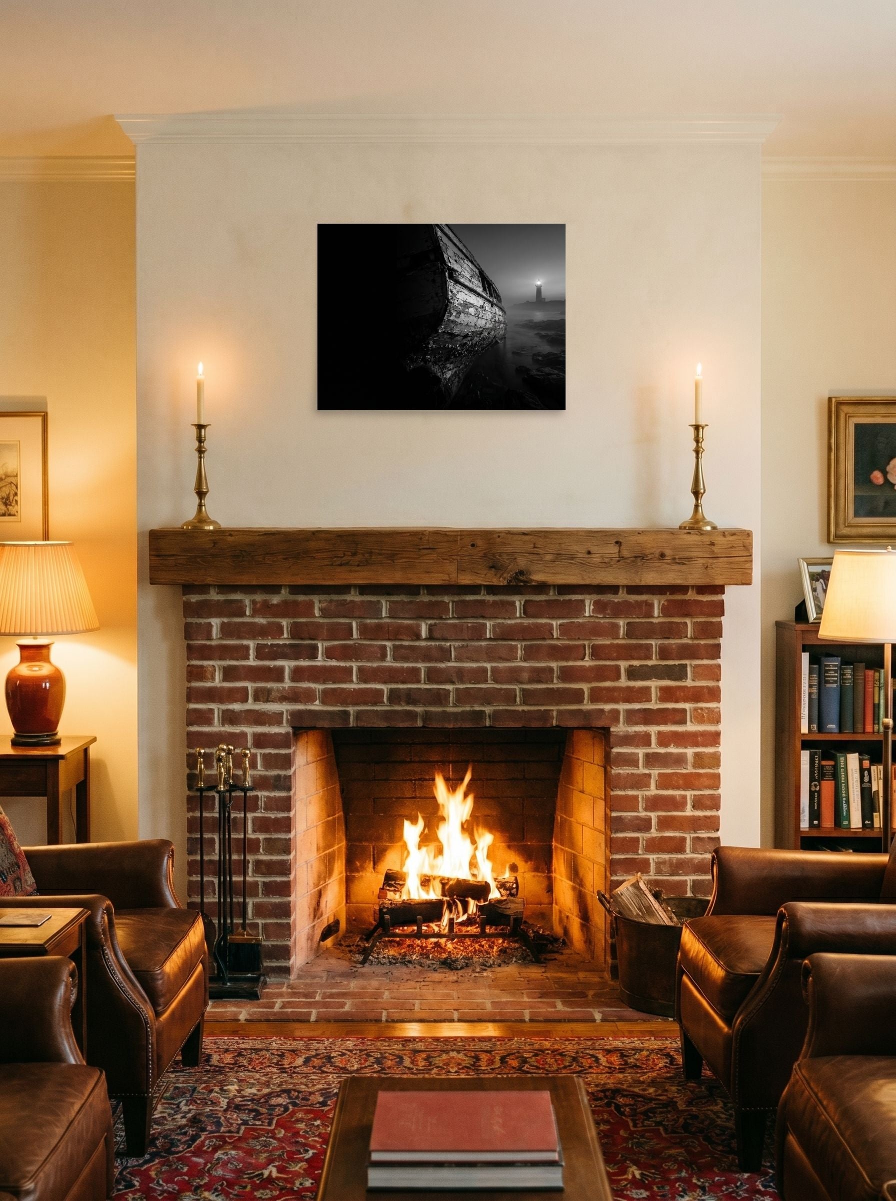 A 24x18 inch unframed paper Art photography print of 'Final Anchor' displayed above a fireplace.