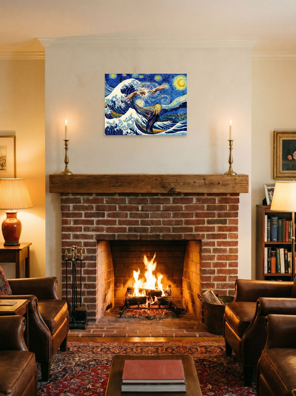 'Cosmic Collision of Masterpieces' in 24x18 inch unframed paper, hung over a fireplace as a focal point.
