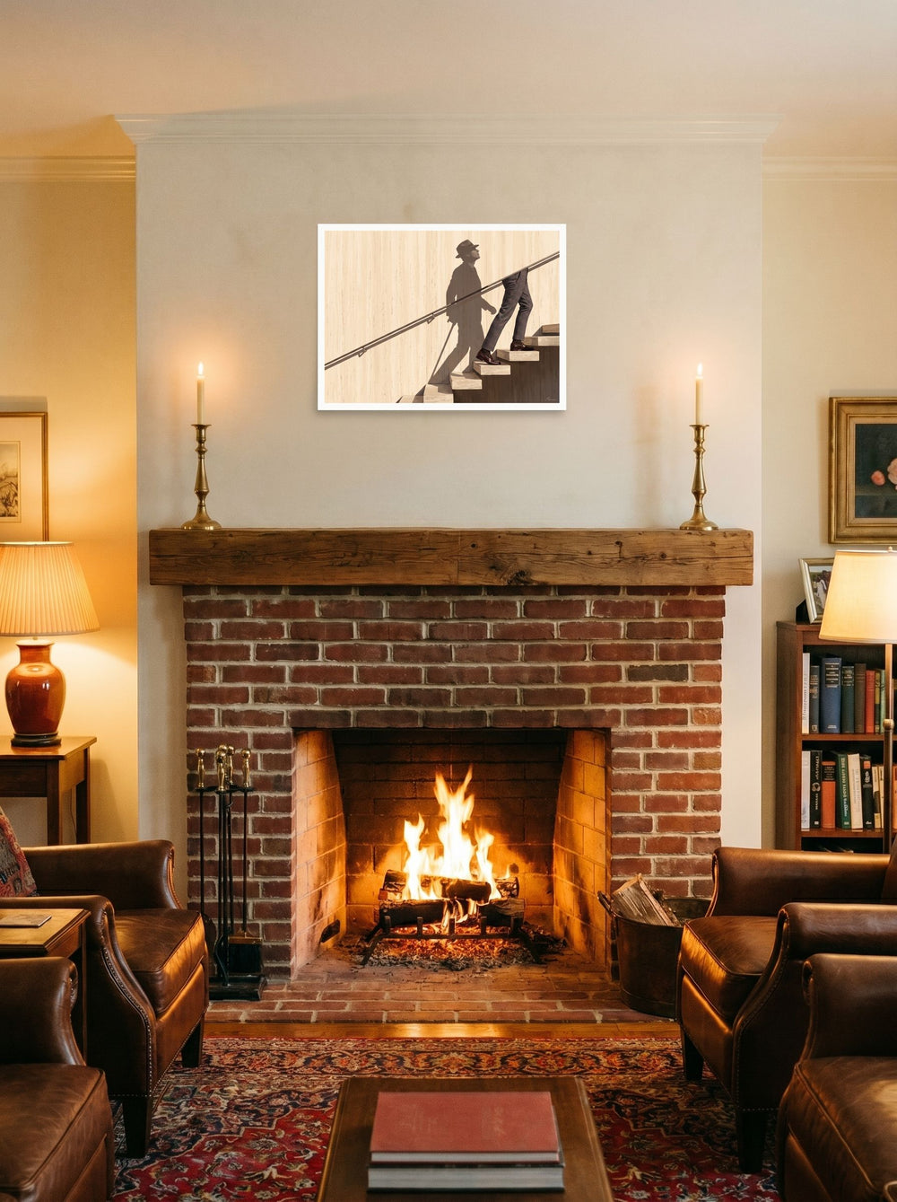 A 24x18 inch unframed paper Surrealism,Realism print of 'Ascent of the Shadow' displayed above a fireplace.
