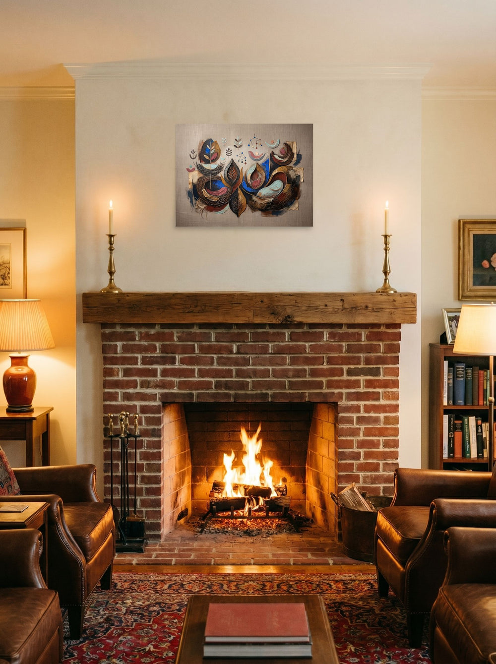 A 24x18 inch unframed paper version of 'Organic Cadence and Leaf', Abstract art wall art, hung over a fireplace as a focal point.