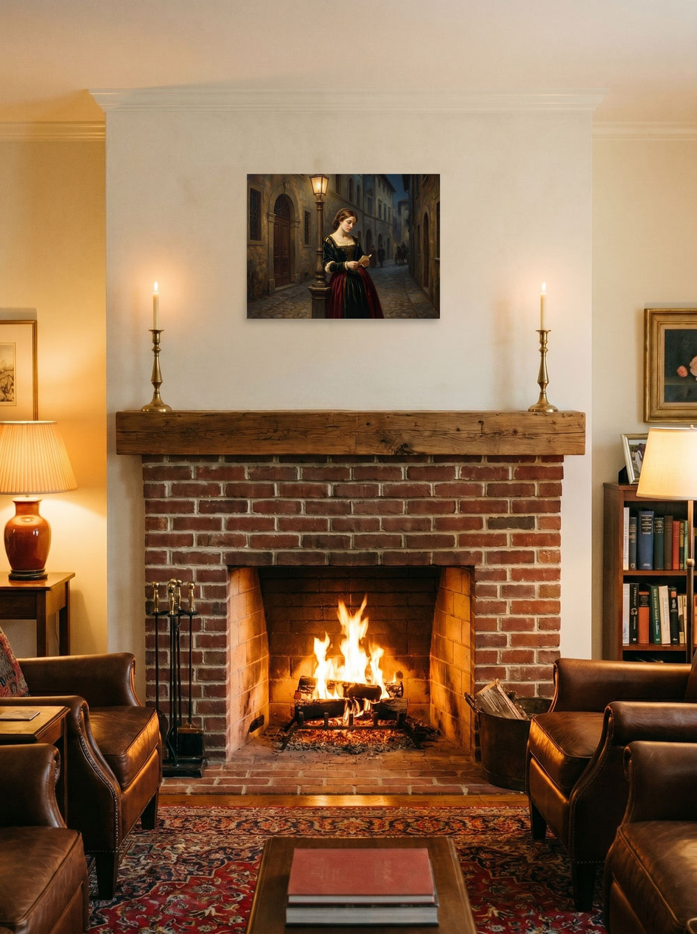 'Letters by Lamplight' in 24x18 inch unframed paper, styled on a mantel above a fireplace.