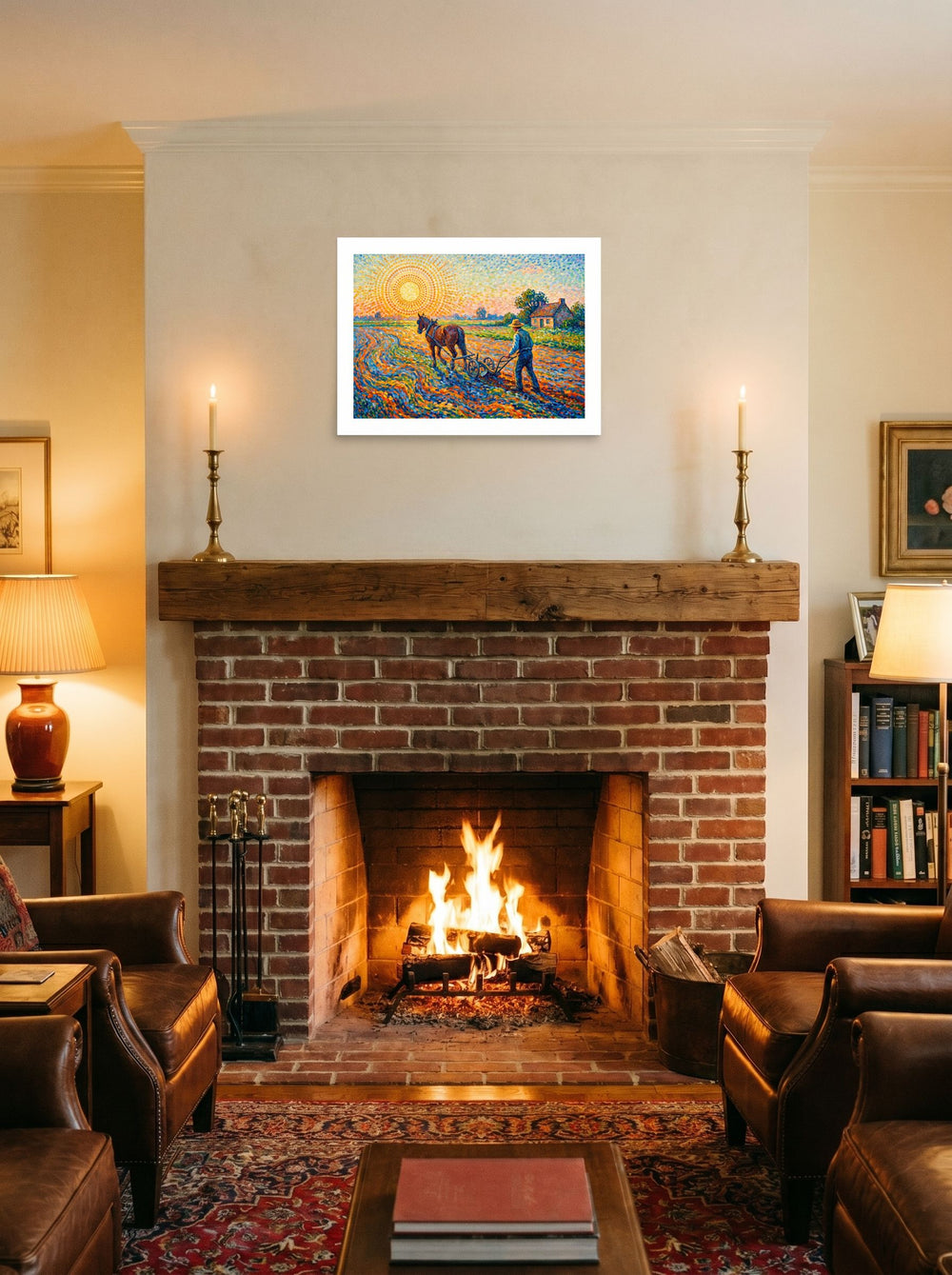 Pointillism wall art 'The Radiant Field', unframed paper at 24x18 inch, styled on a mantel above a fireplace.