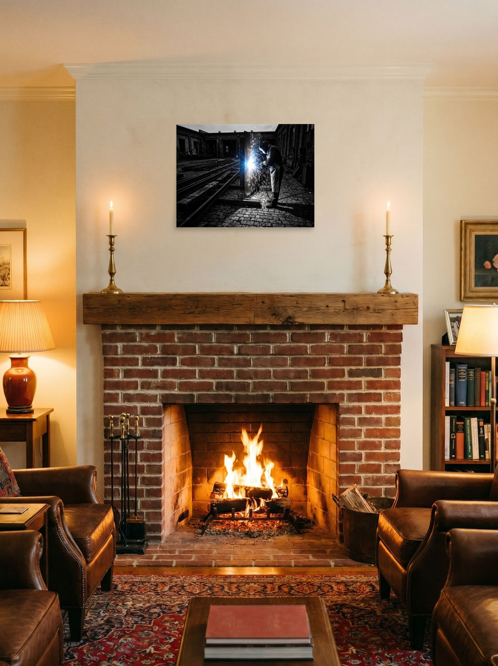 A 24x18 inch unframed paper Art photography print of 'Sparks of Labor' displayed above a fireplace.