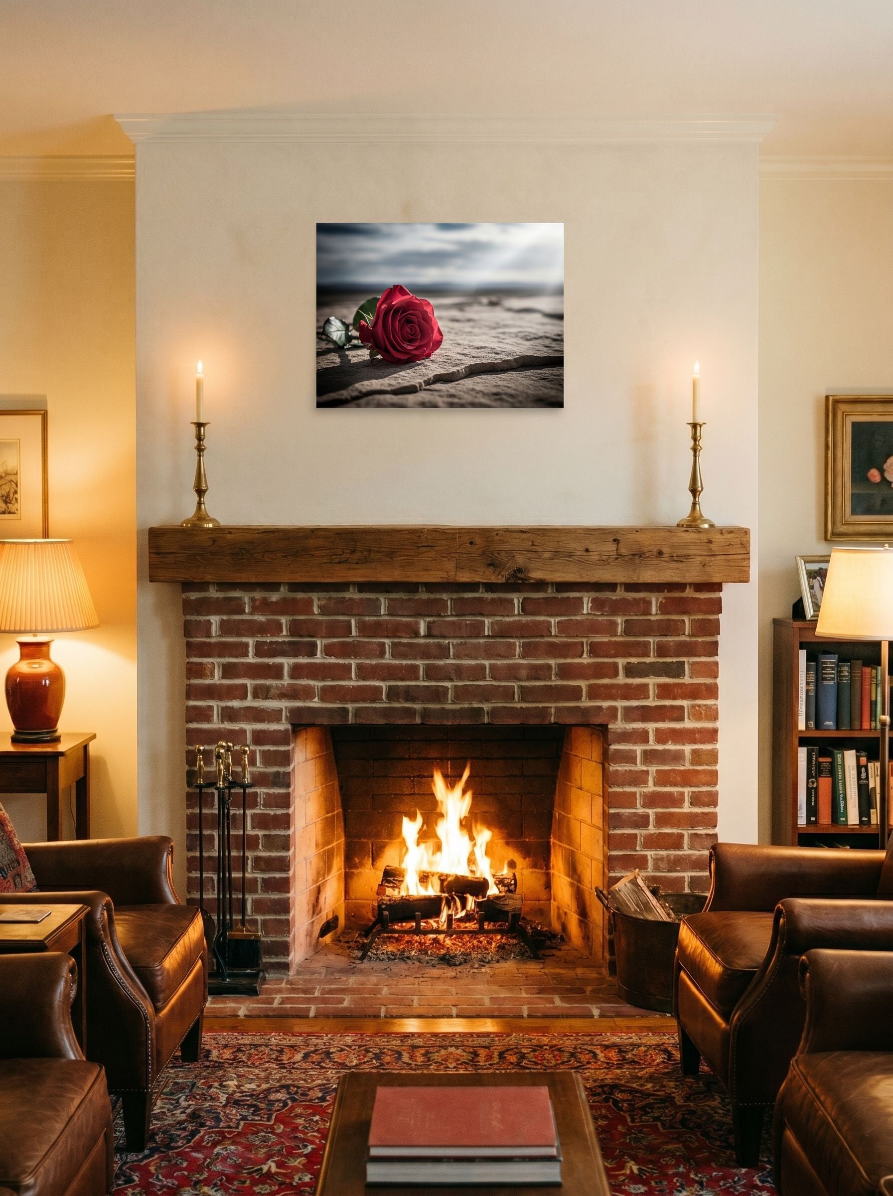 A 24x18 inch unframed paper Art photography print of 'Red Rose on Stone' displayed above a fireplace.
