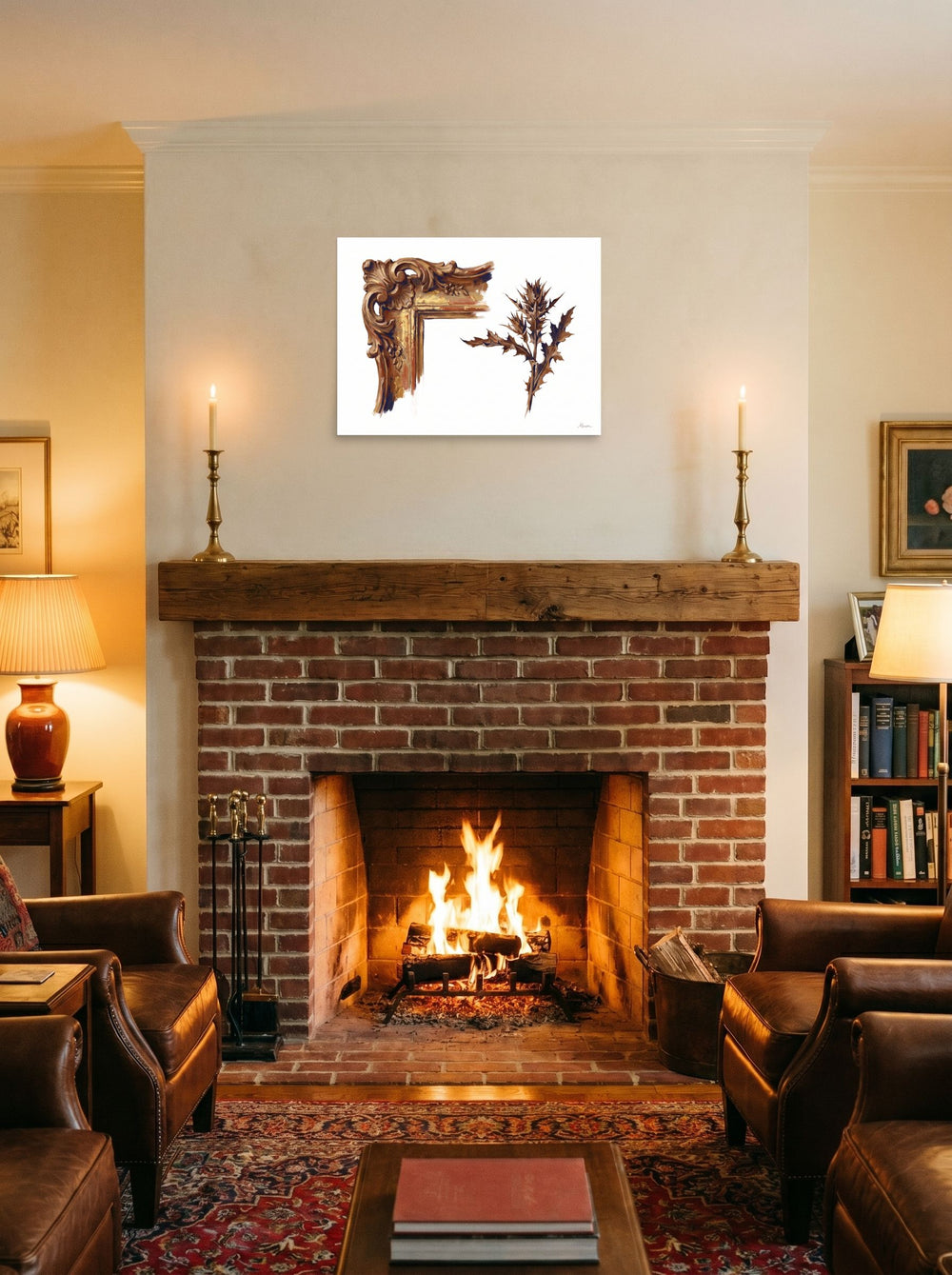 A 24x18 inch unframed paper Baroque,Realism print of 'Gilded Frame and Thistle' displayed above a fireplace.