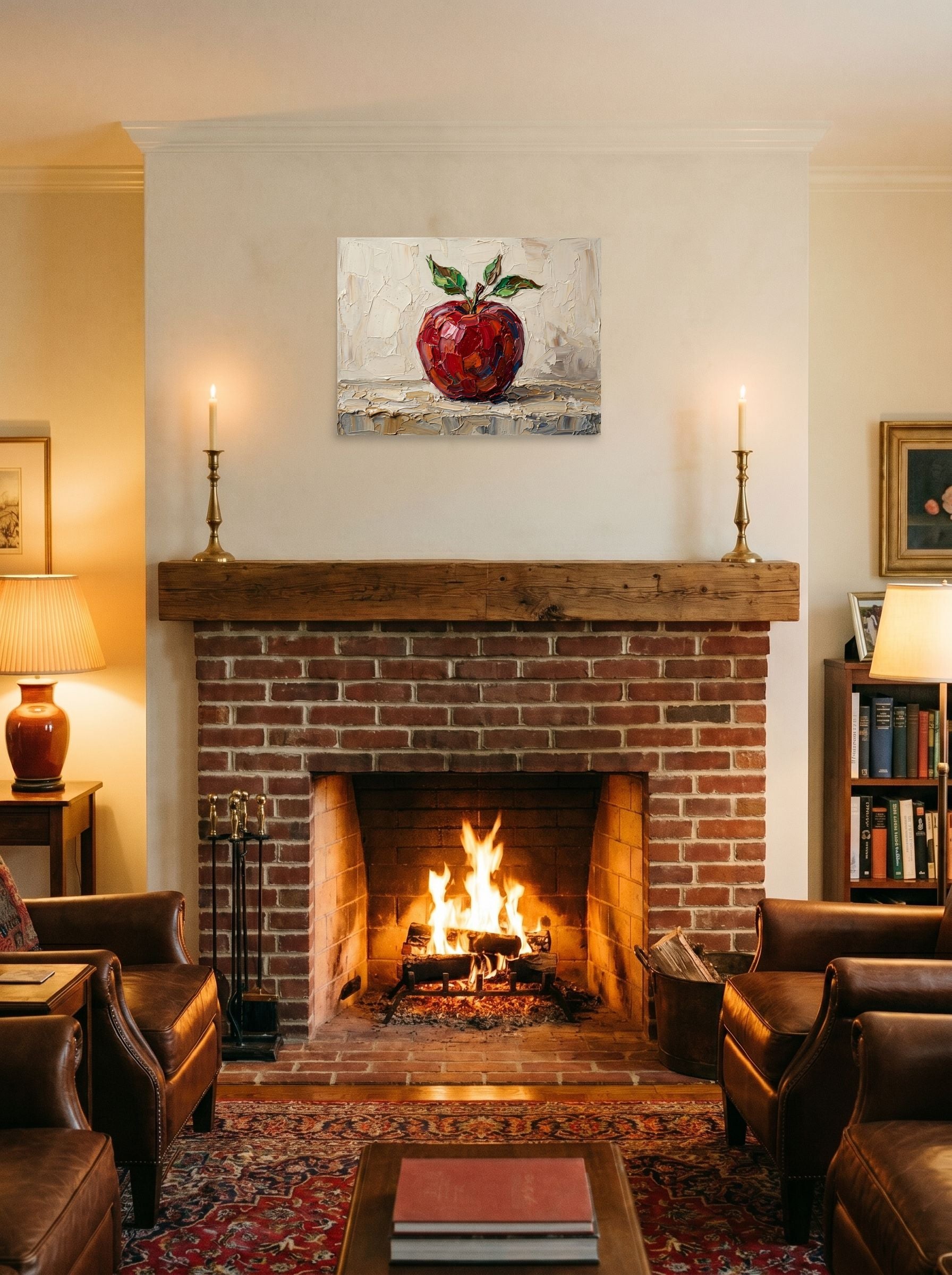 A 24x18 inch unframed paper Impressionism print of 'The Impasto Apple' displayed above a fireplace.