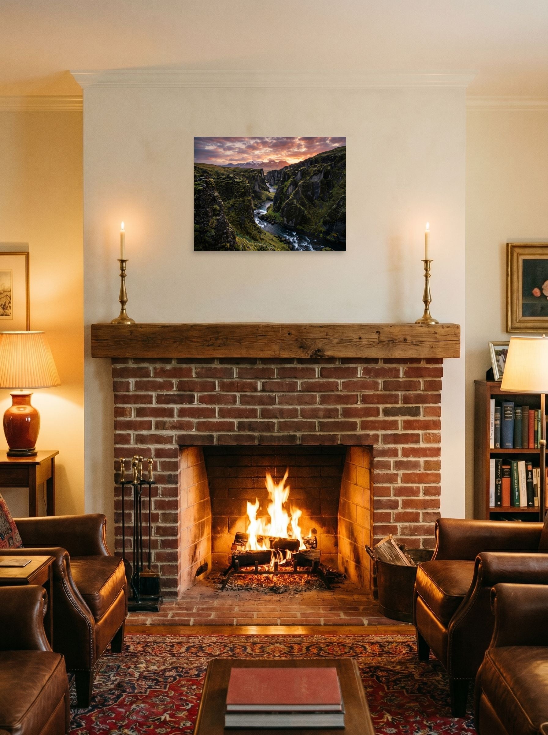 A 24x18 inch unframed paper Art photography print of 'Canyon of the Dawn' displayed above a fireplace.
