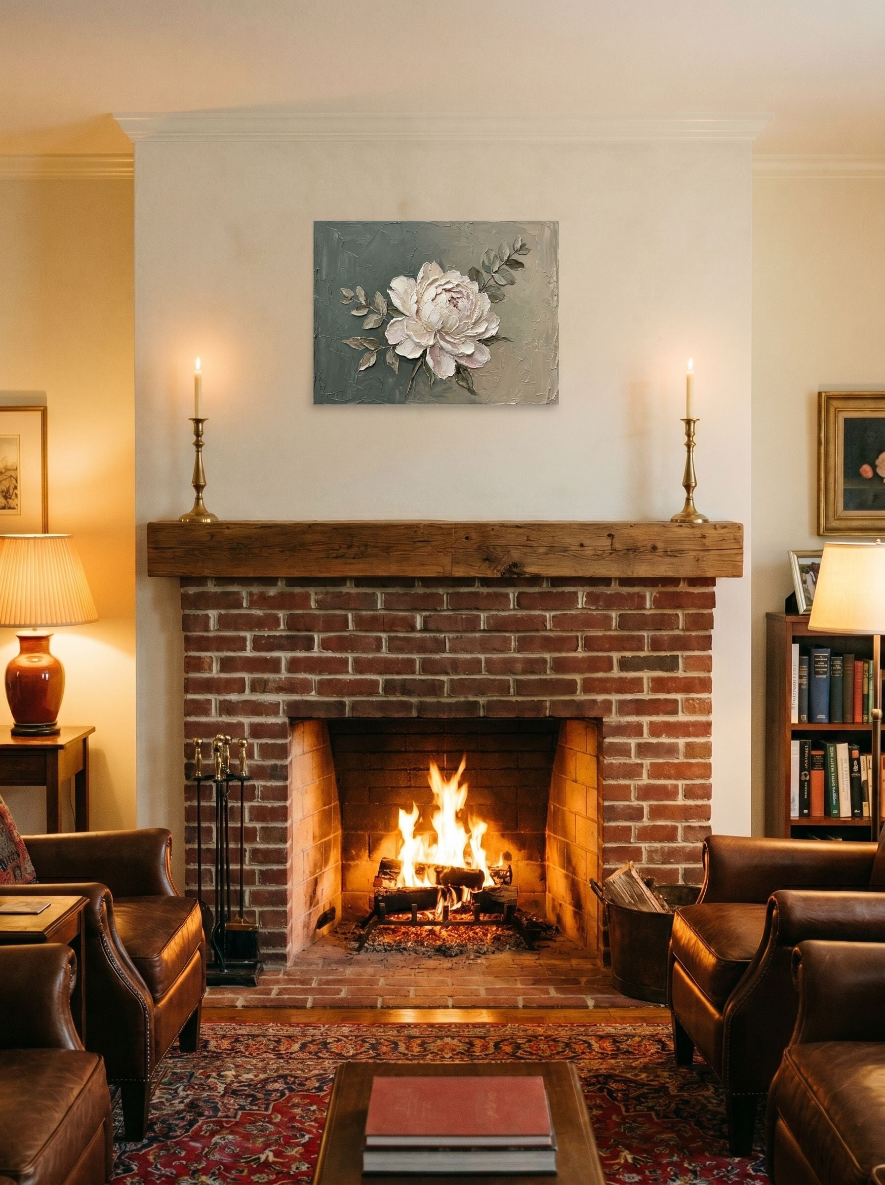 A 24x18 inch unframed paper Impressionism print of 'Textured White Peony' displayed above a fireplace.