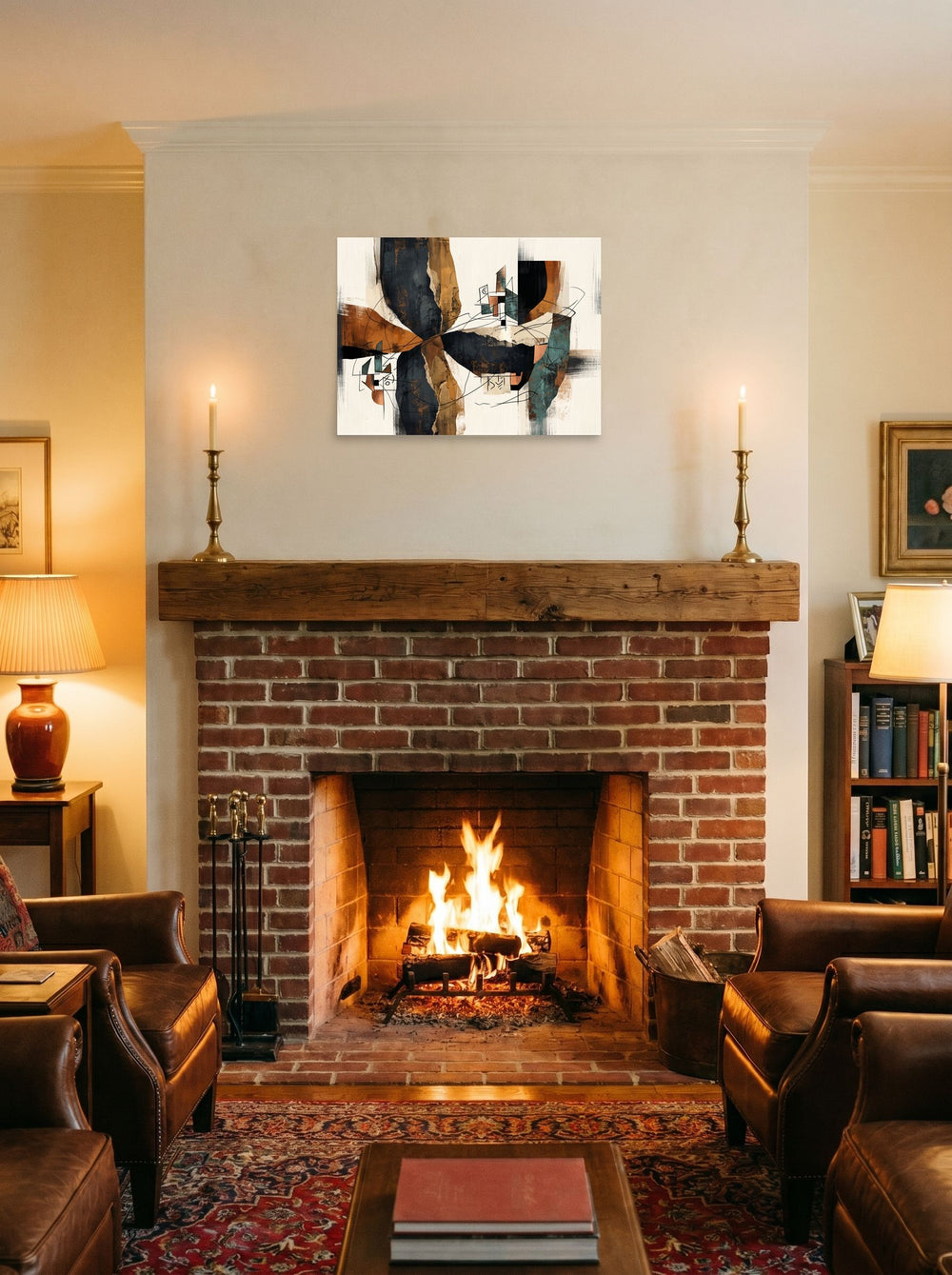 24x18 inch unframed paper print of 'Architectural Fragments in Ochre', hung over a fireplace as a focal point.