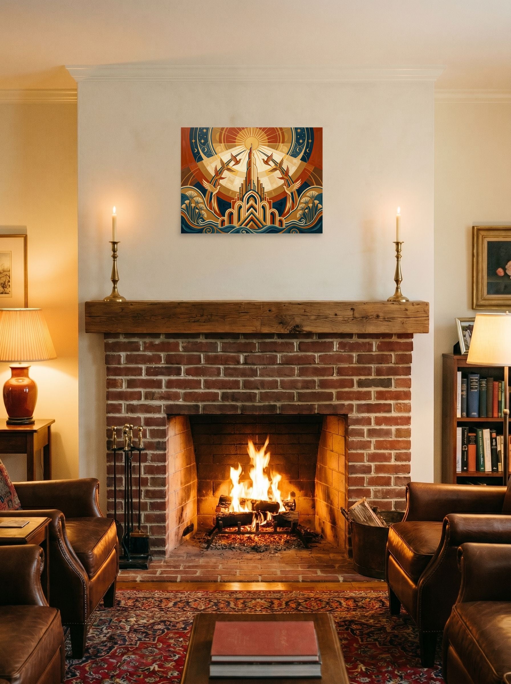 A 24x18 inch unframed paper Art Deco print of 'Deco Sunrise Flight' displayed above a fireplace.