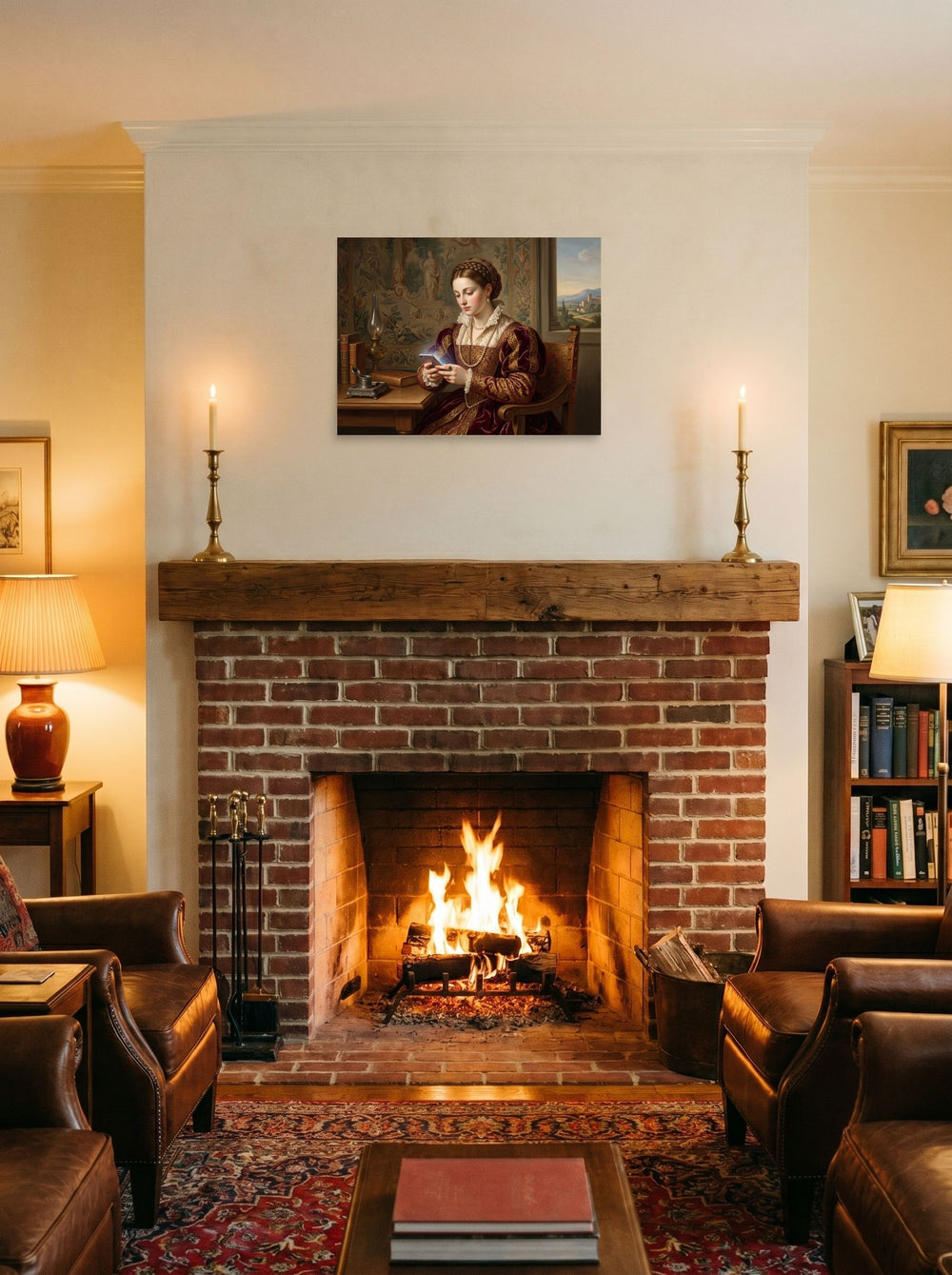 Mockup of 'The Digital Epistle' as a 24x18 inch unframed paper print, styled on a mantel above a fireplace.