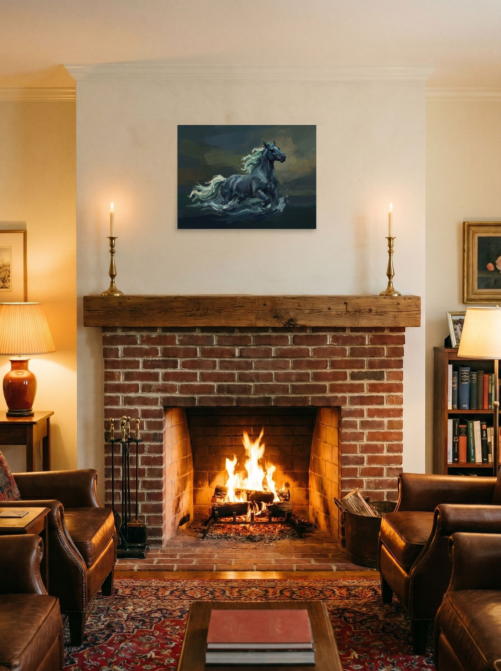 unframed paper wall art 'Kelpie of the Dark Loch' styled on a mantel above a fireplace, at 24x18 inch.