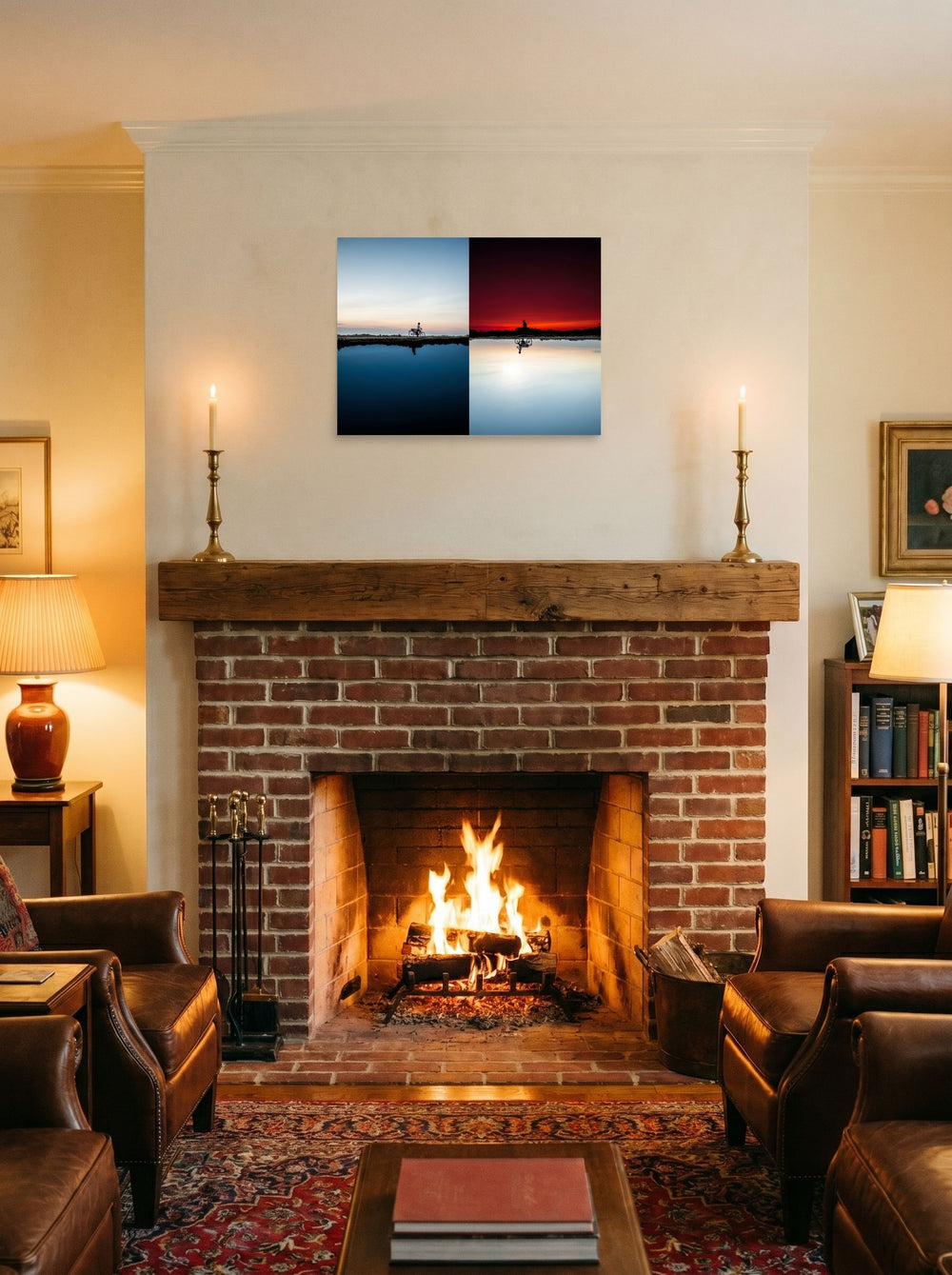 A 24x18 inch unframed paper Surrealism print of 'Two Worlds Riding' displayed above a fireplace.