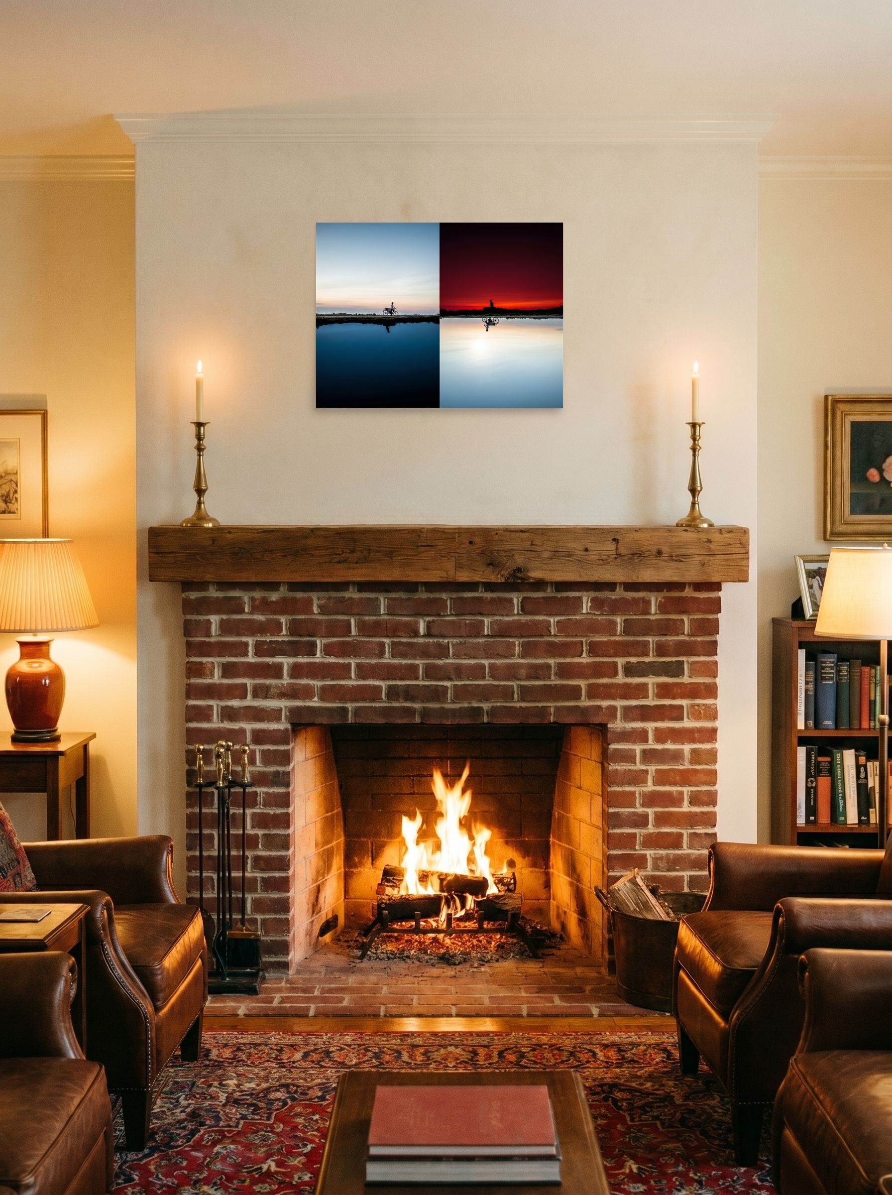 A 24x18 inch unframed paper Surrealism print of 'Two Worlds Riding' displayed above a fireplace.