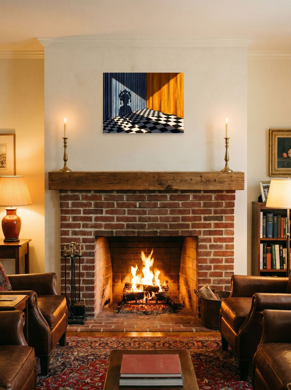 A 24x18 inch unframed paper Surrealism,Magic realism print of 'Crowned Silhouette' displayed above a fireplace.